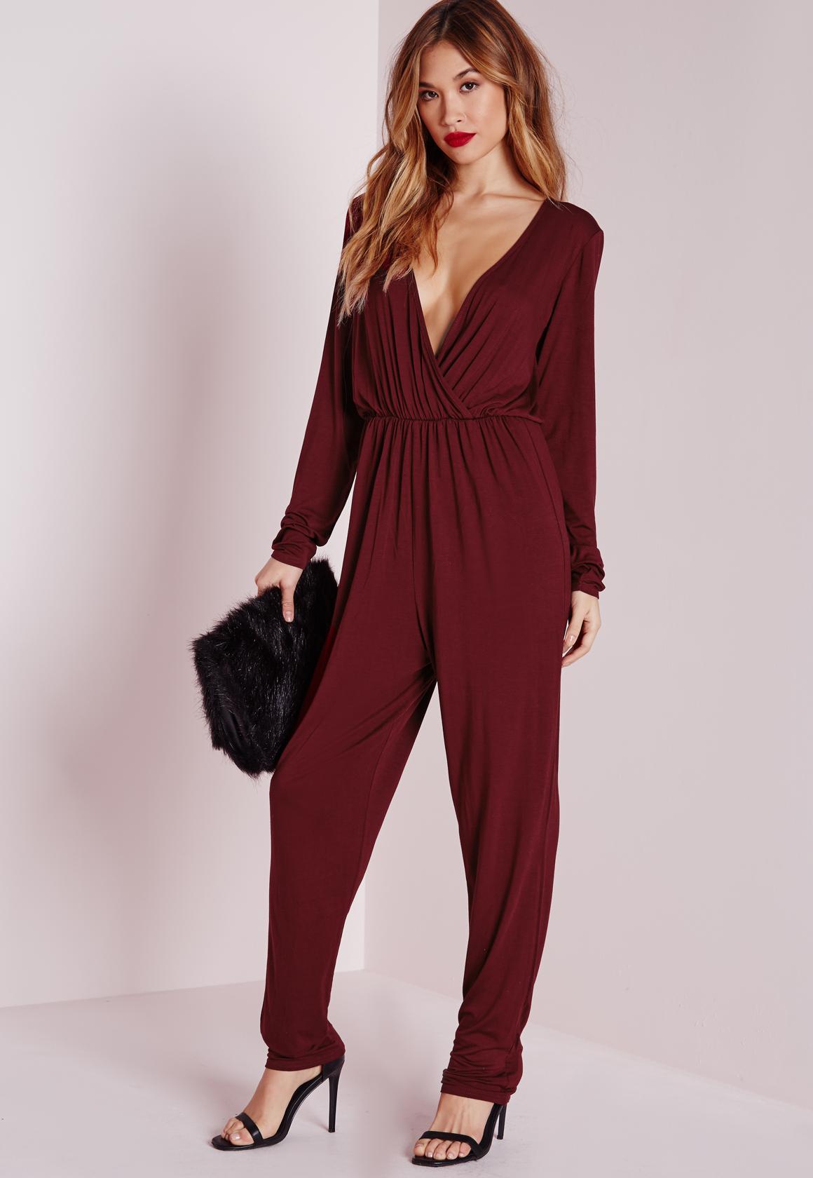 Missguided Wrap Long Sleeve Jumpsuit Burgundy in Red - Lyst