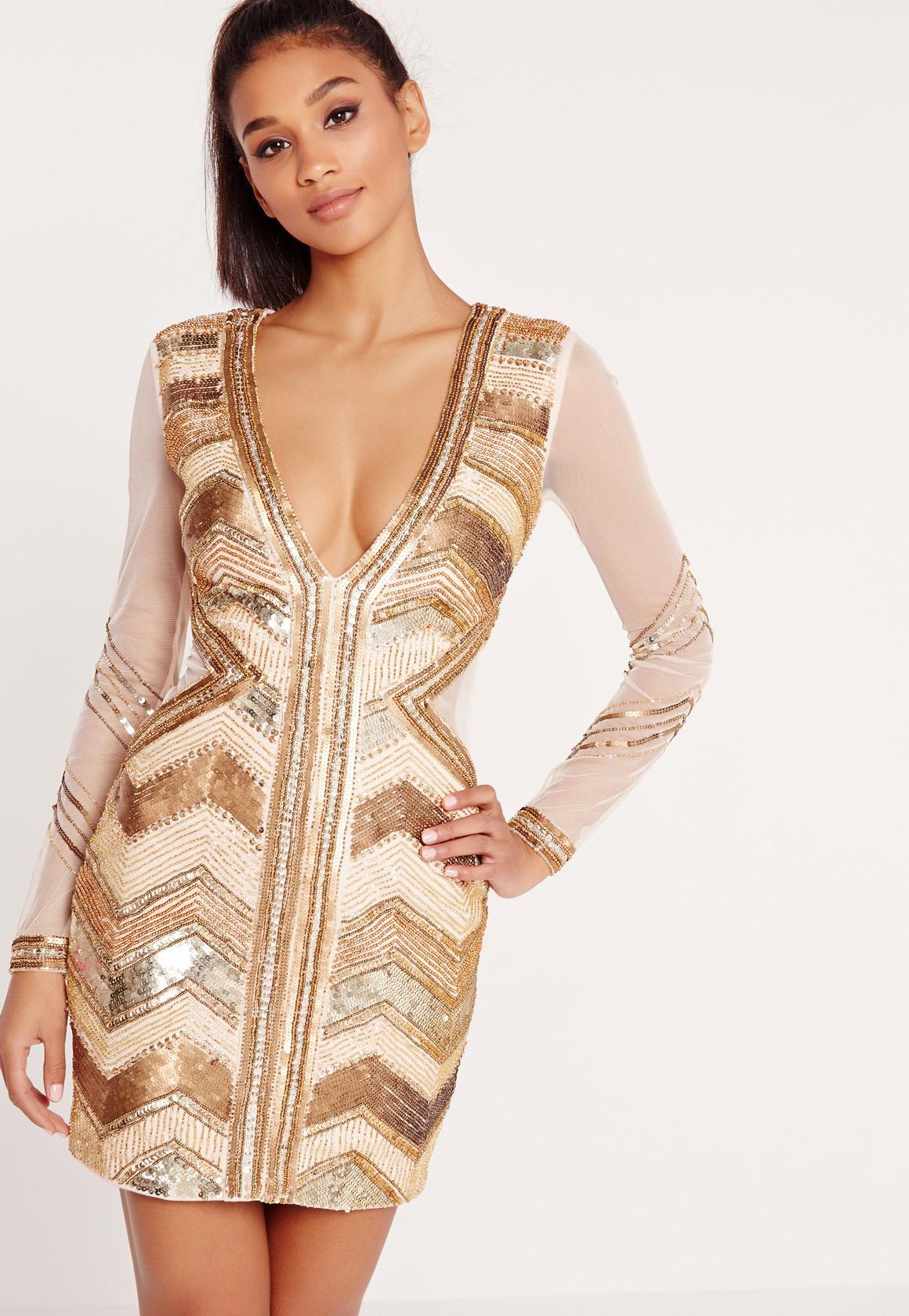 gold plunge sequin long sleeve bodycon dress forever 21