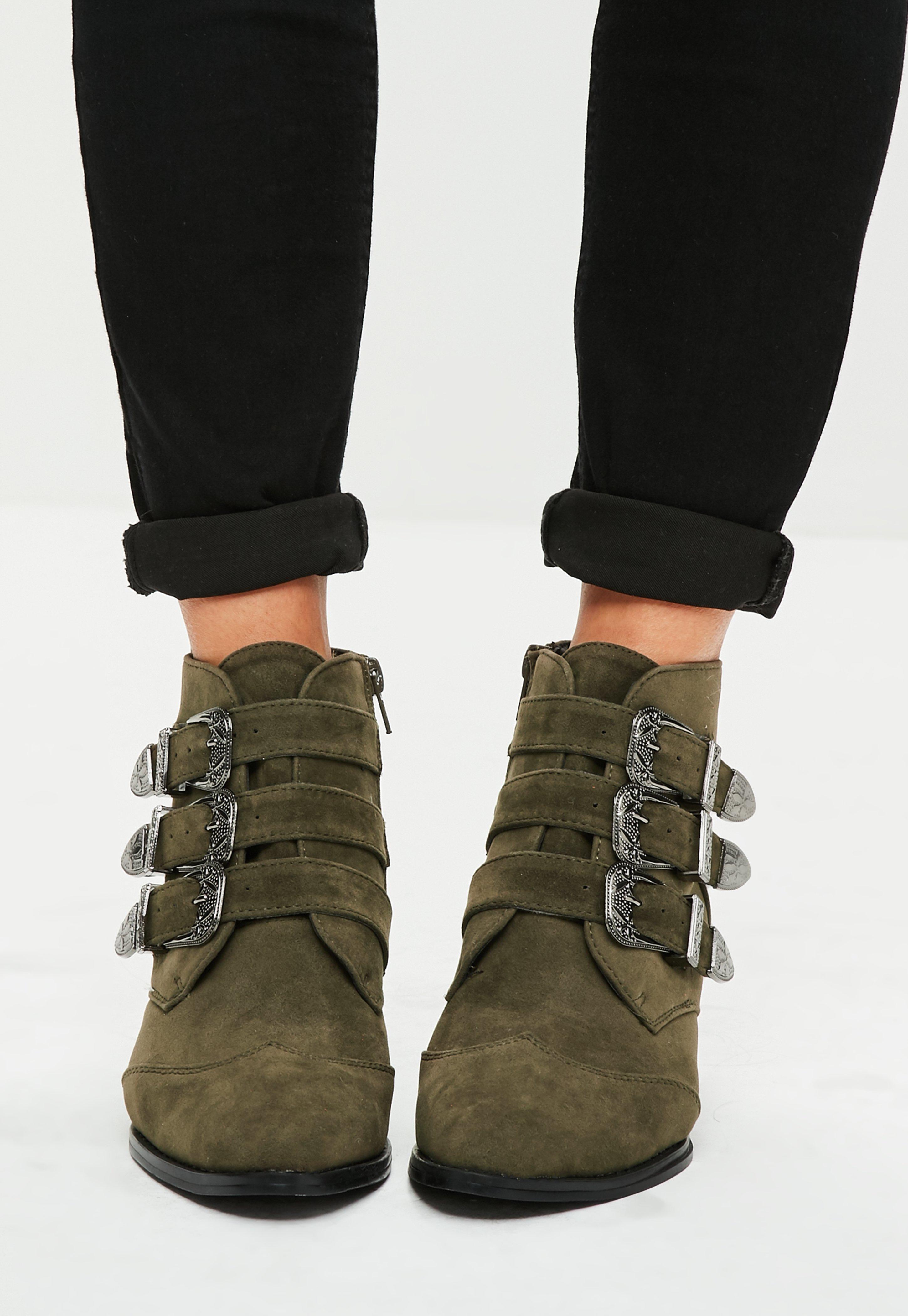 Lyst - Missguided Khaki Faux Suede Four Buckle Ankle Boots