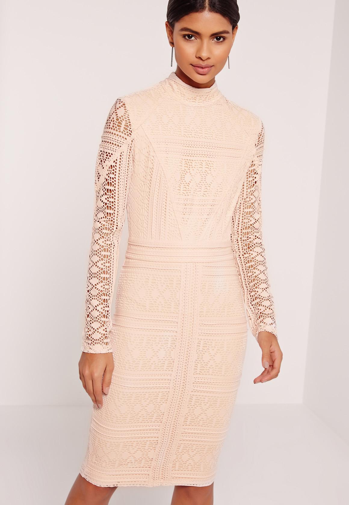 Lyst - Missguided Lace Long Sleeve High Neck Midi Dress Nude in Blue