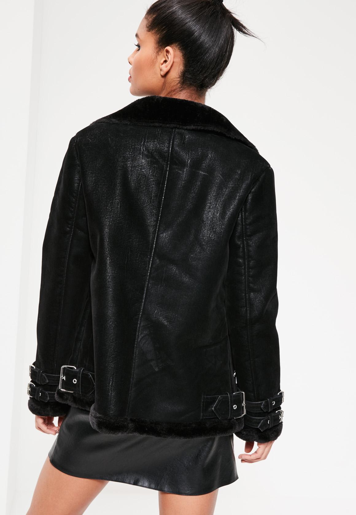 Missguided Black Oversized Faux Fur Lined Aviator Jacket In Gallery