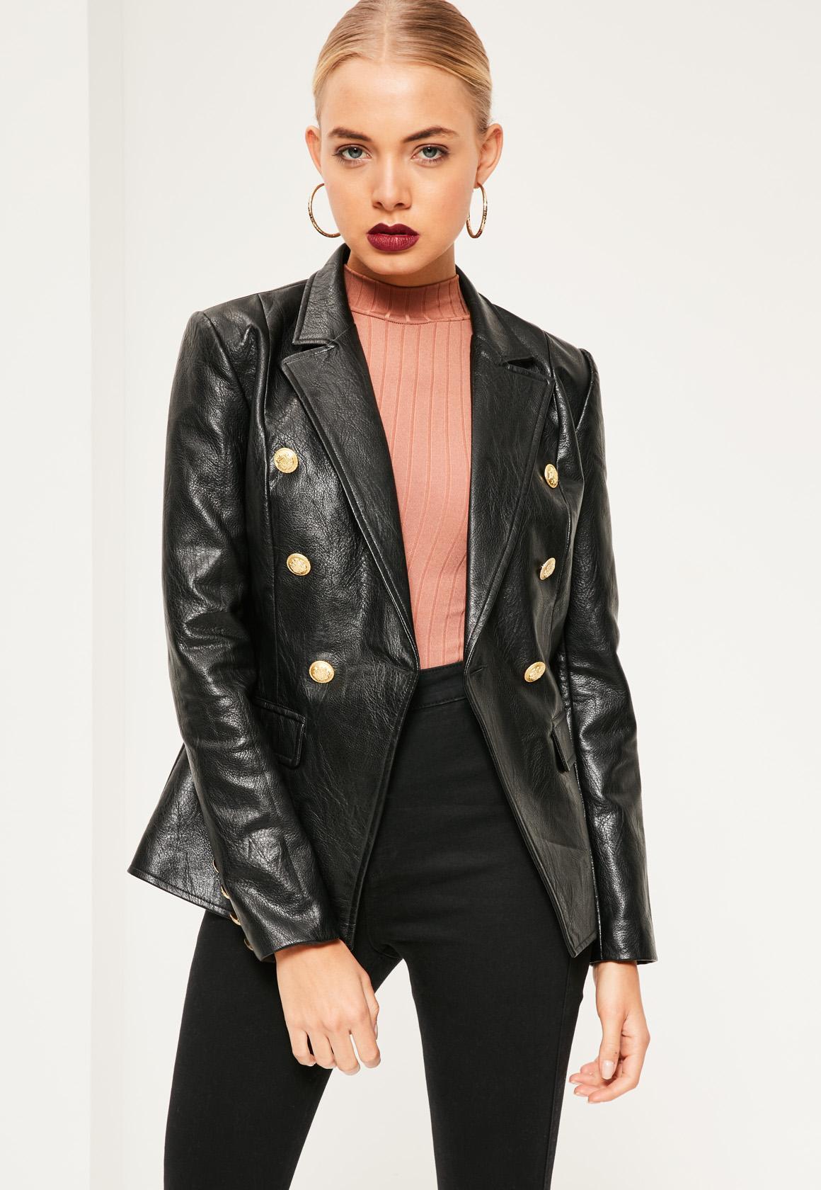 Missguided Black Faux Leather Military Blazer in Black | Lyst