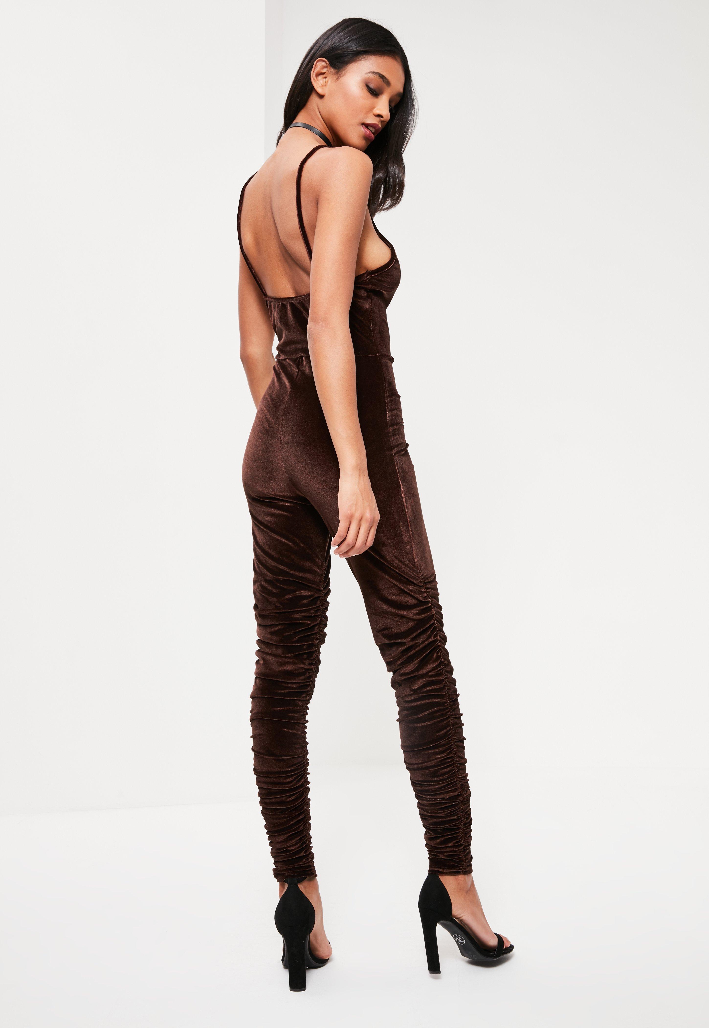 Missguided Brown Velvet Strappy Jumpsuit In Brown Lyst