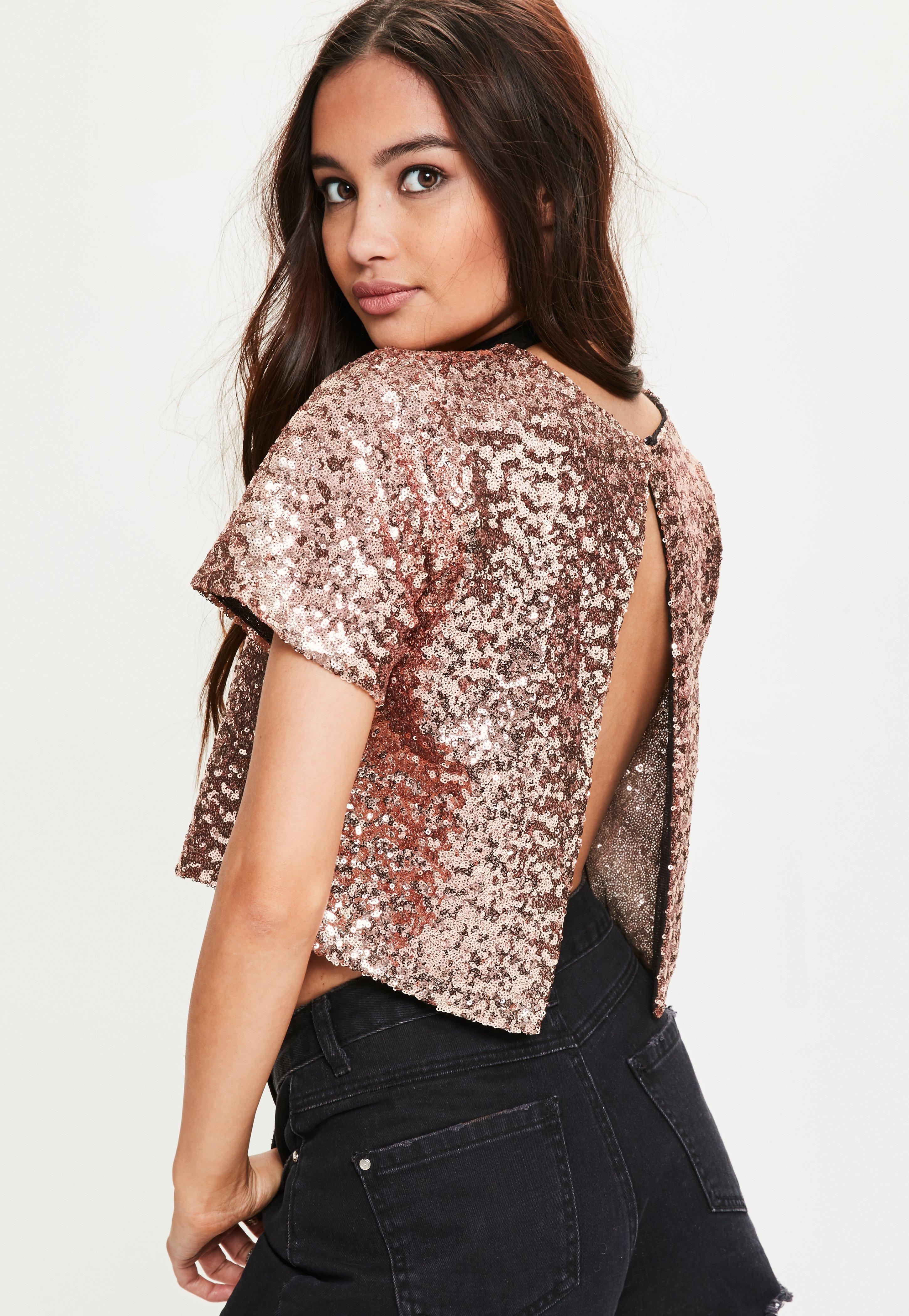 Missguided Rose Gold Open Back Sequin Top in Pink | Lyst