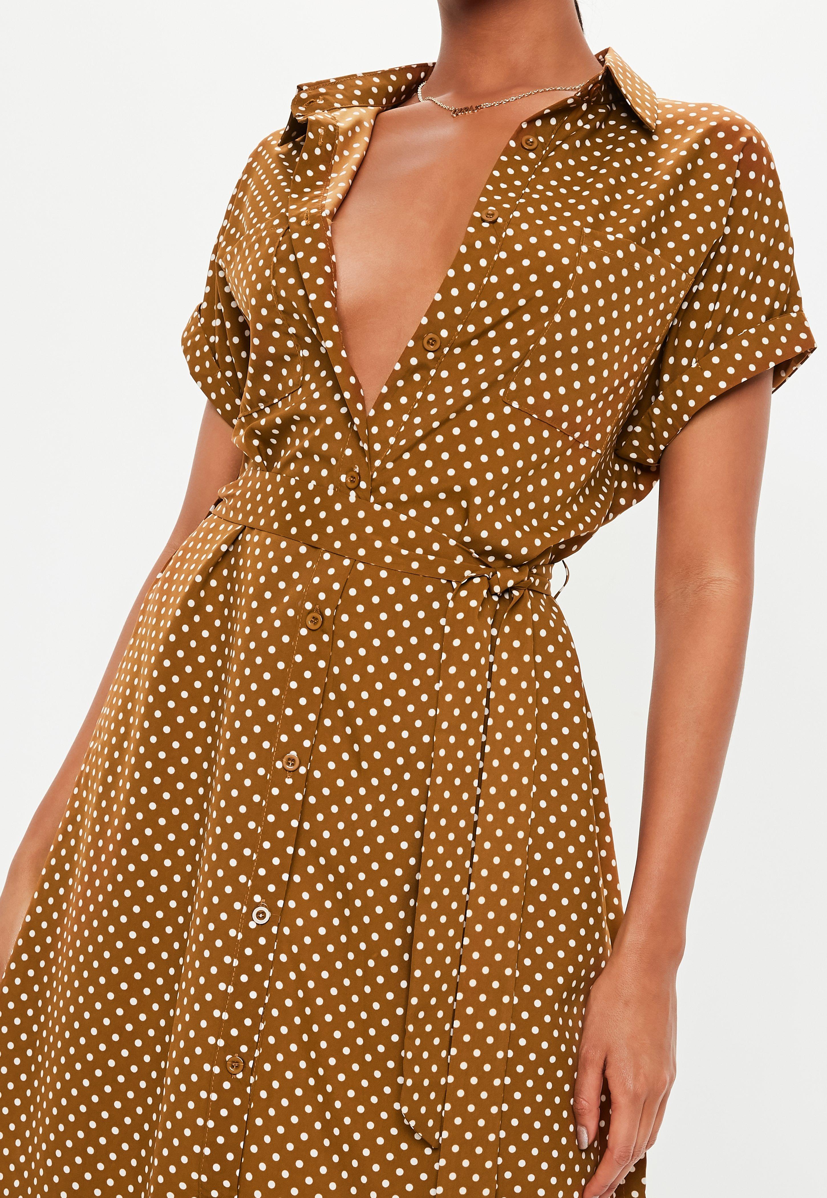 Missguided Synthetic Brown Polka Dot Tie Side Midi Dress - Lyst