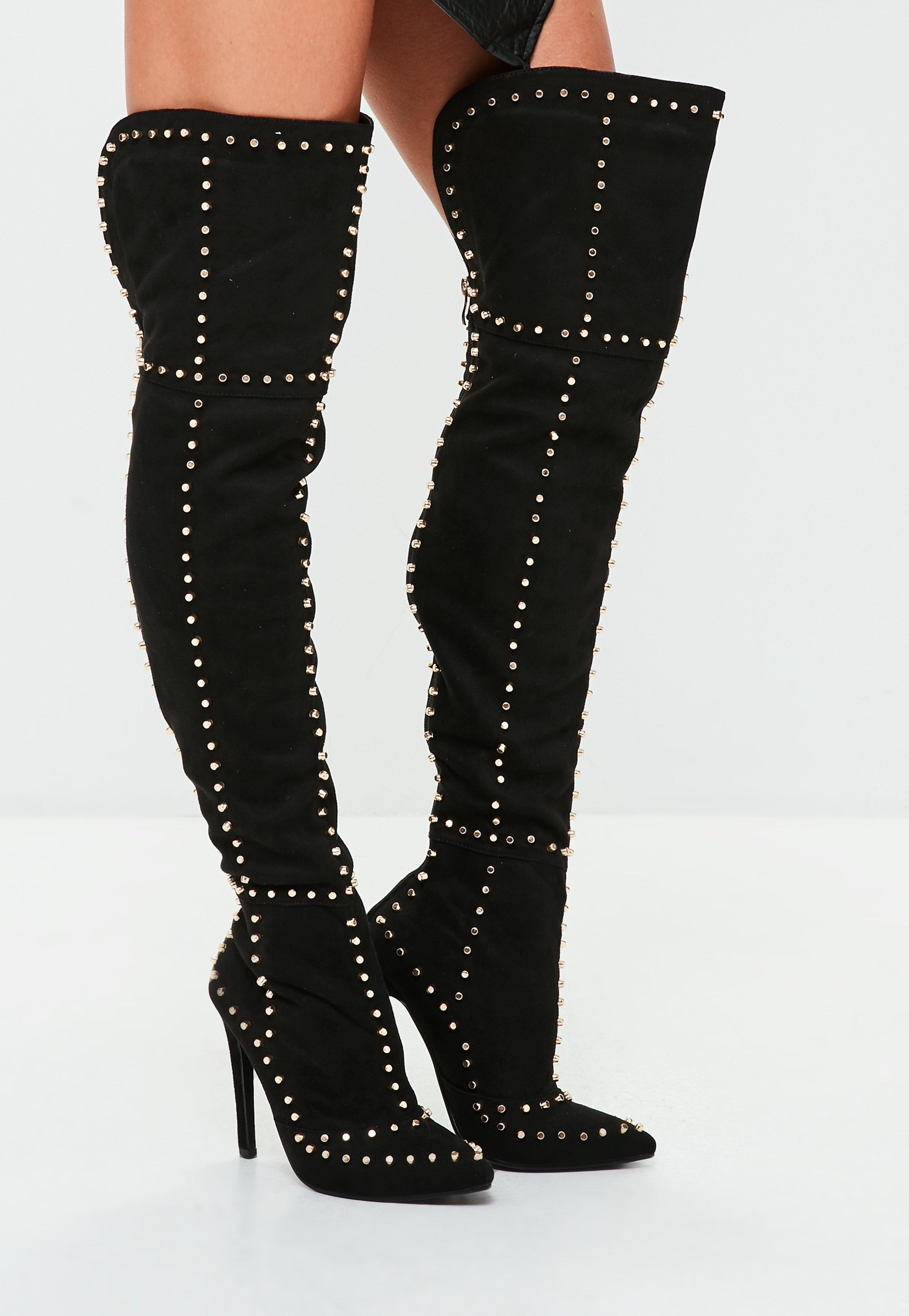 Lyst - Missguided Black Multi Studded Thigh High Boots in Black