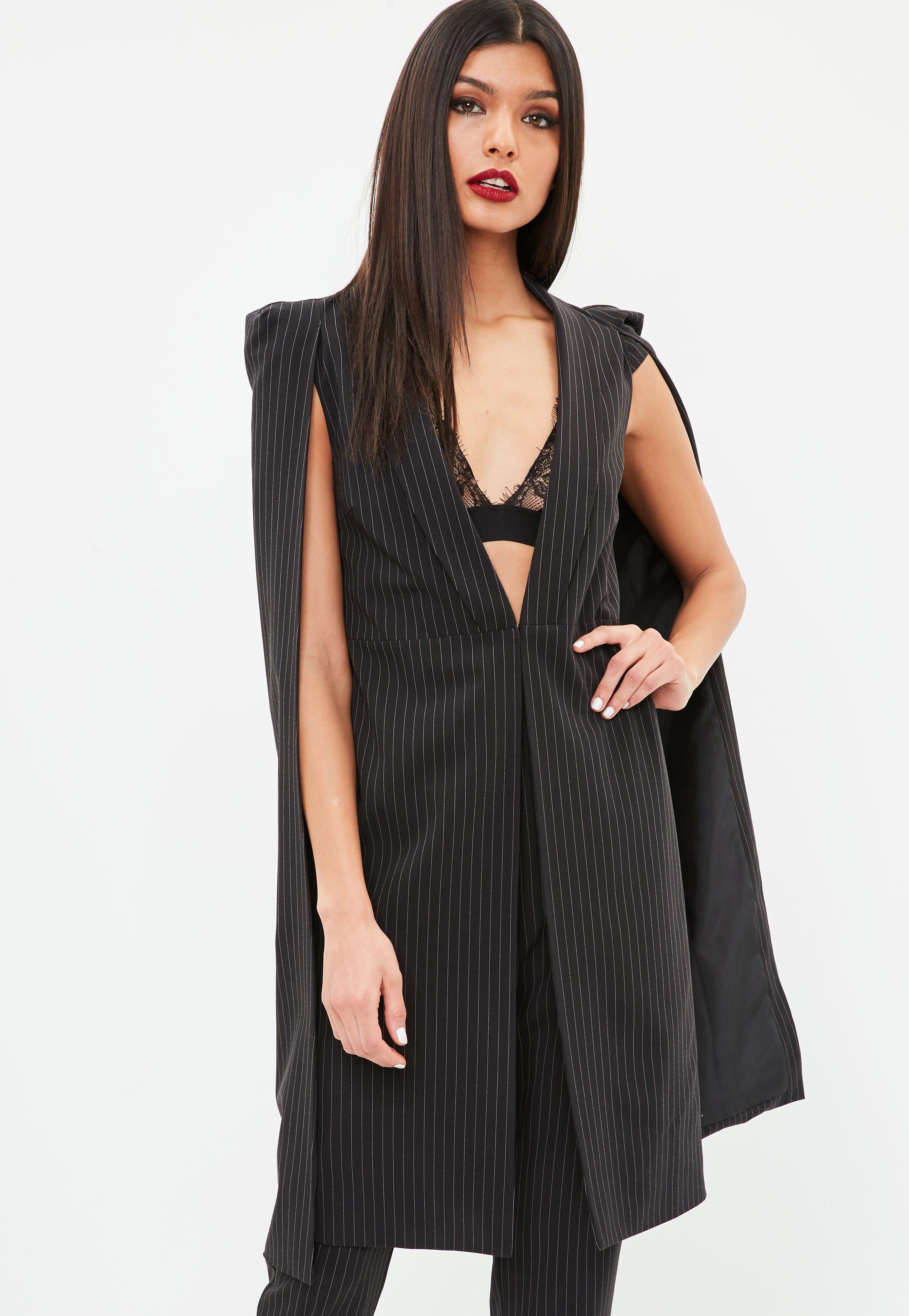 Lyst Missguided Black Pinstripe Longline Cape Blazer In Black