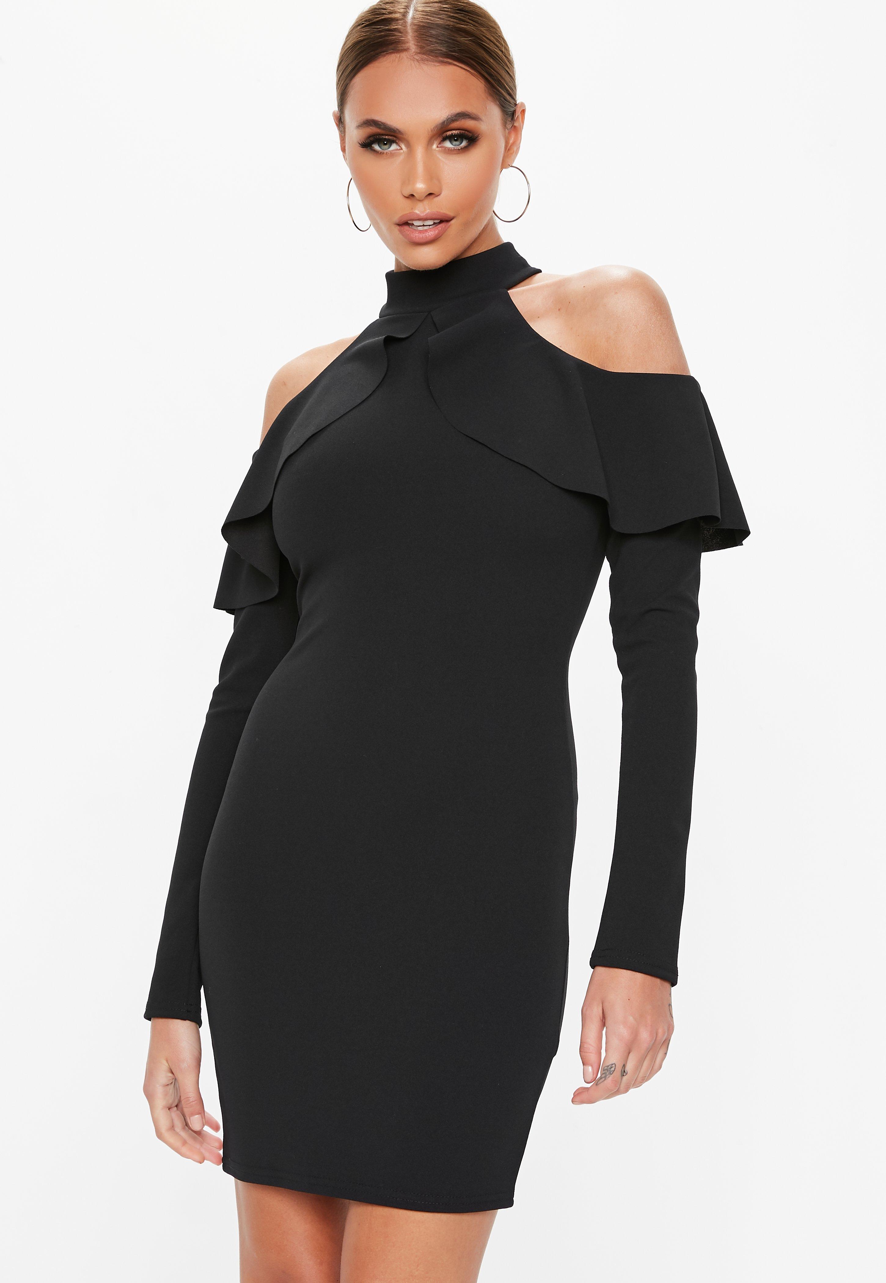 Lyst - Missguided Black Frill Cold Shoulder Long Sleeve Mini Dress in Black