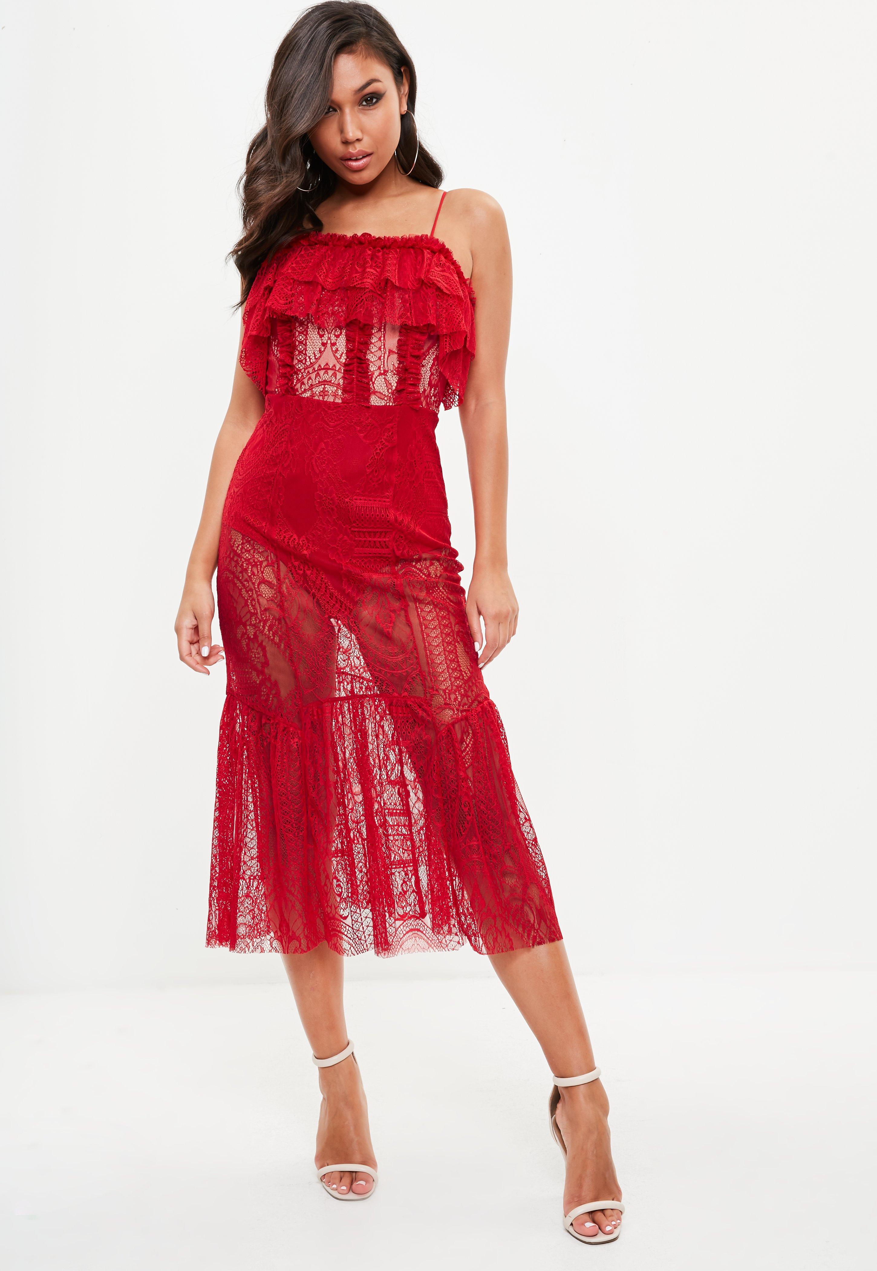  Missguided  Red  Strappy Lace Insert Dress  in Red  Lyst