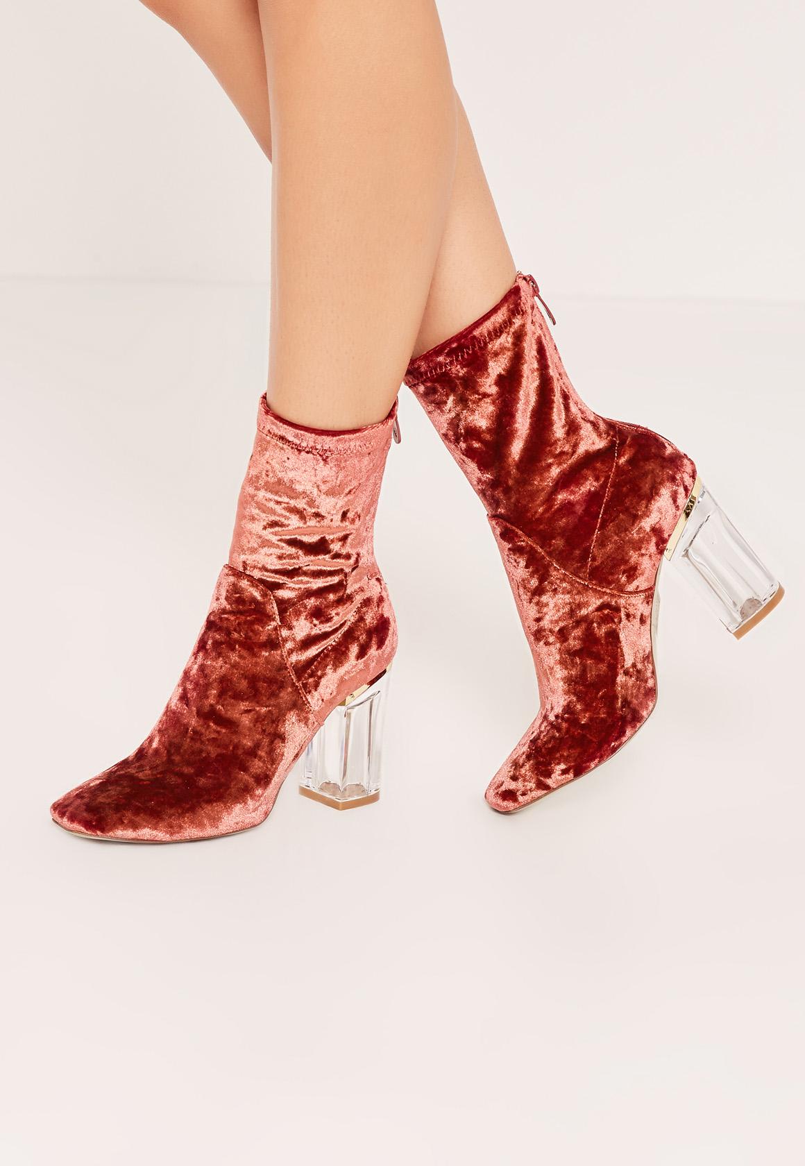 sock boots pink lyst missguided pink velvet perspex heeled sock boots in sock boots pink lyst missguided pink velvet perspex heeled sock boots in