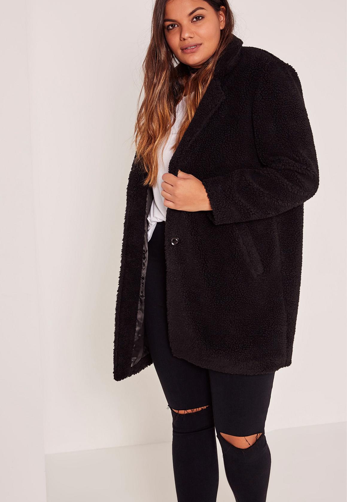 Missguided Black Plus Size Faux Shearling Teddy Coat in ...