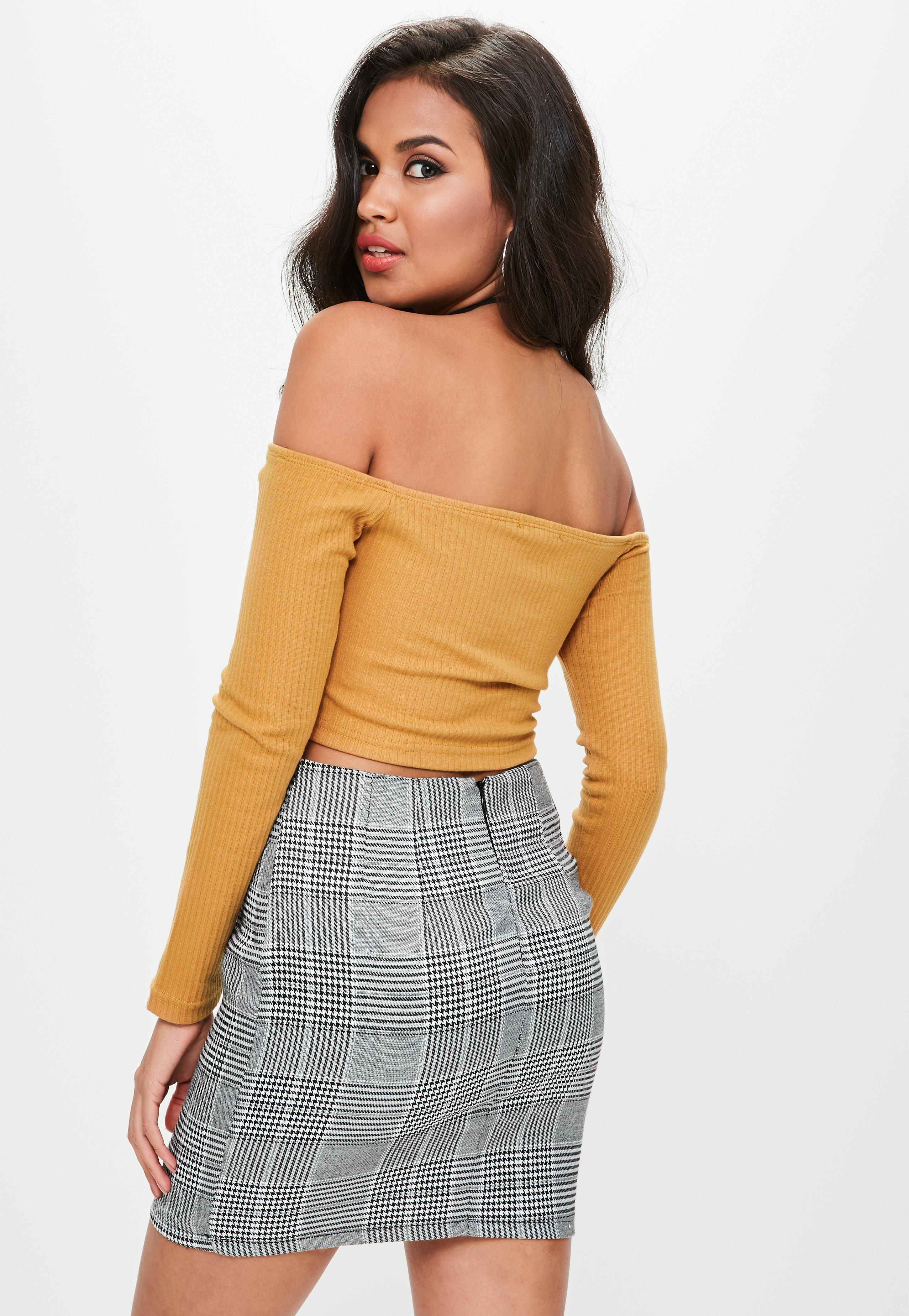 Lyst Missguided Mustard Yellow Lace Up Eyelet Detail Ribbed Crop Top