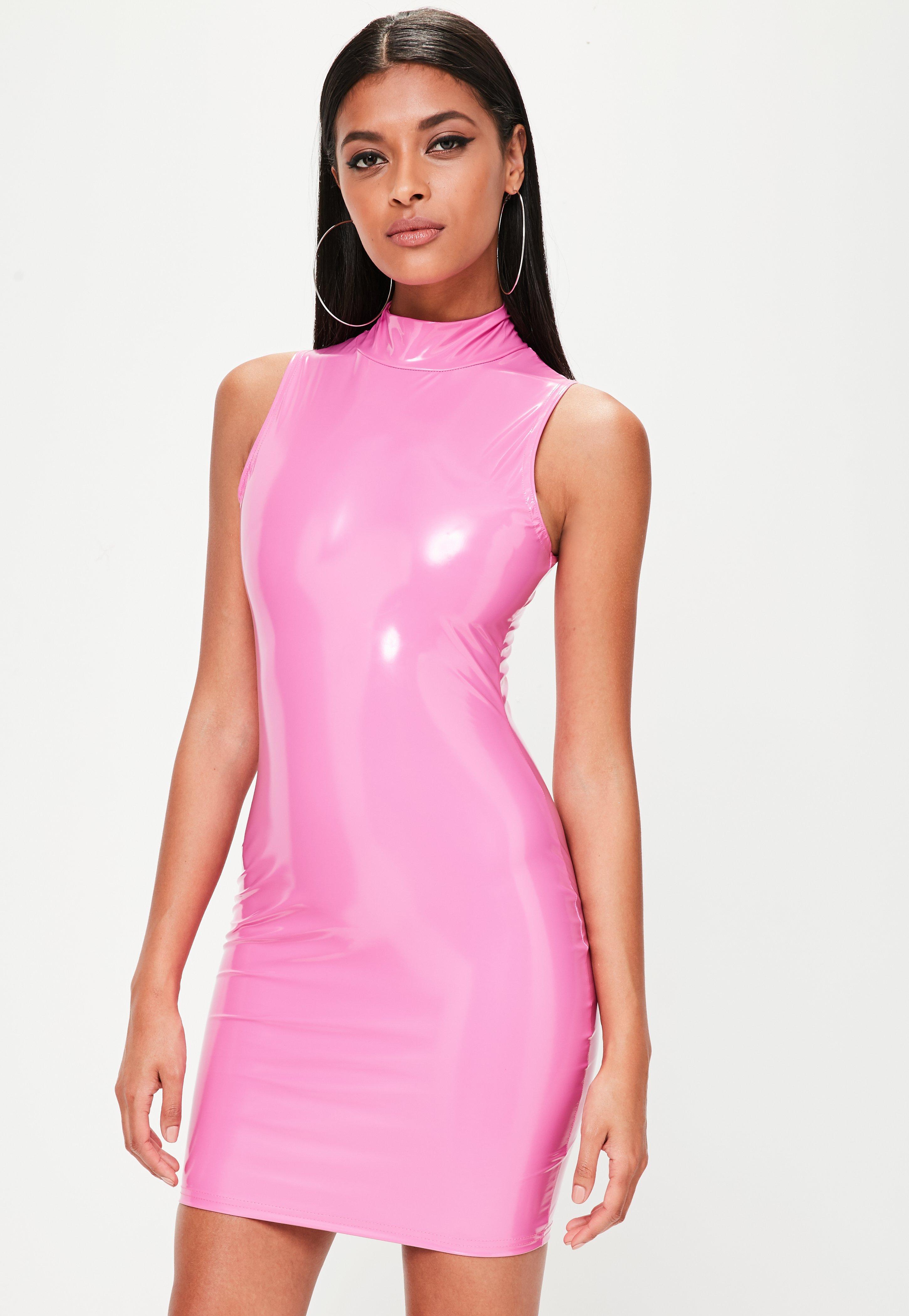 Lyst Missguided Pink Vinyl High Neck Bodycon Mini Dress