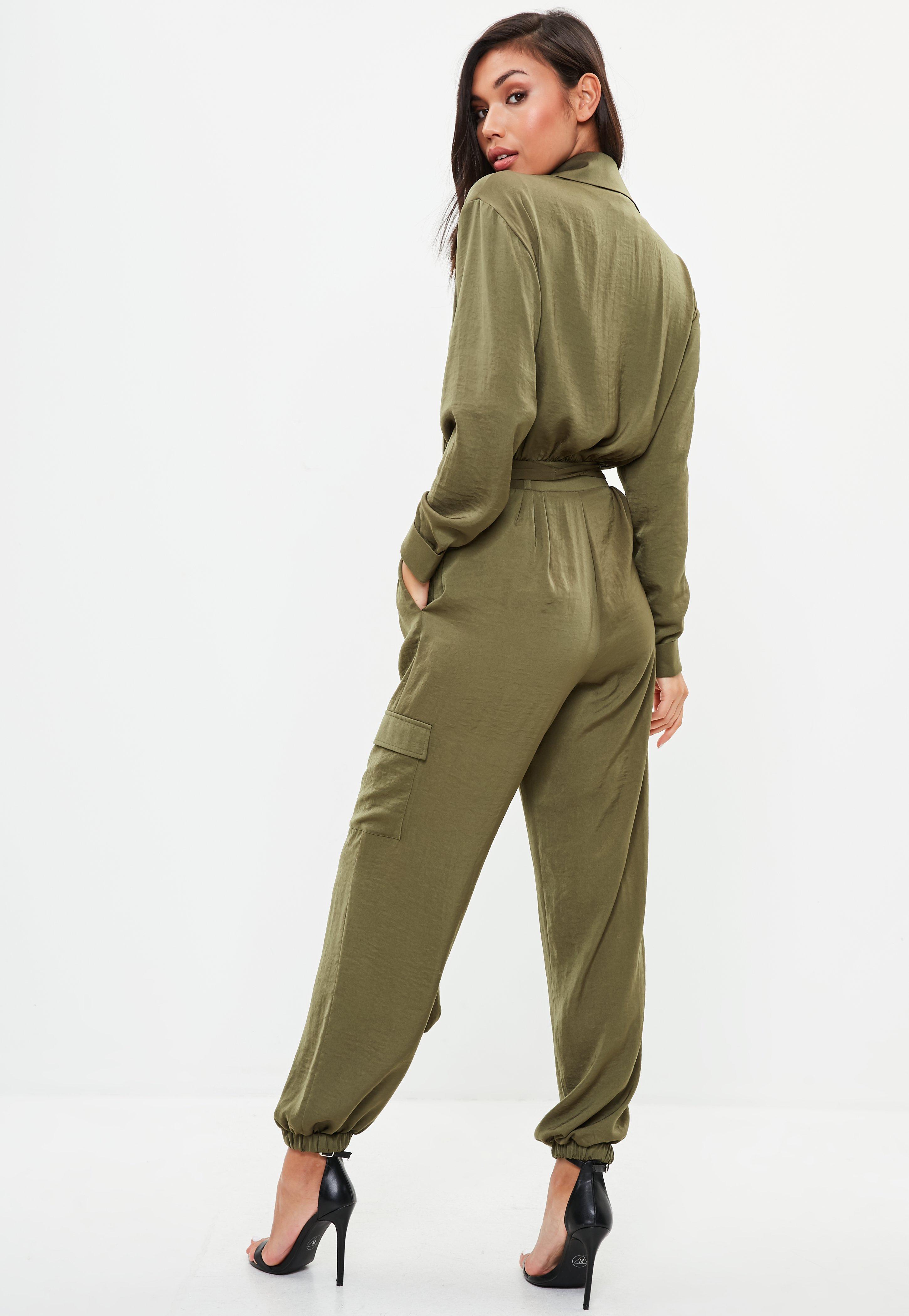 Lyst - Missguided Khaki Satin Utility Jumpsuit in Green