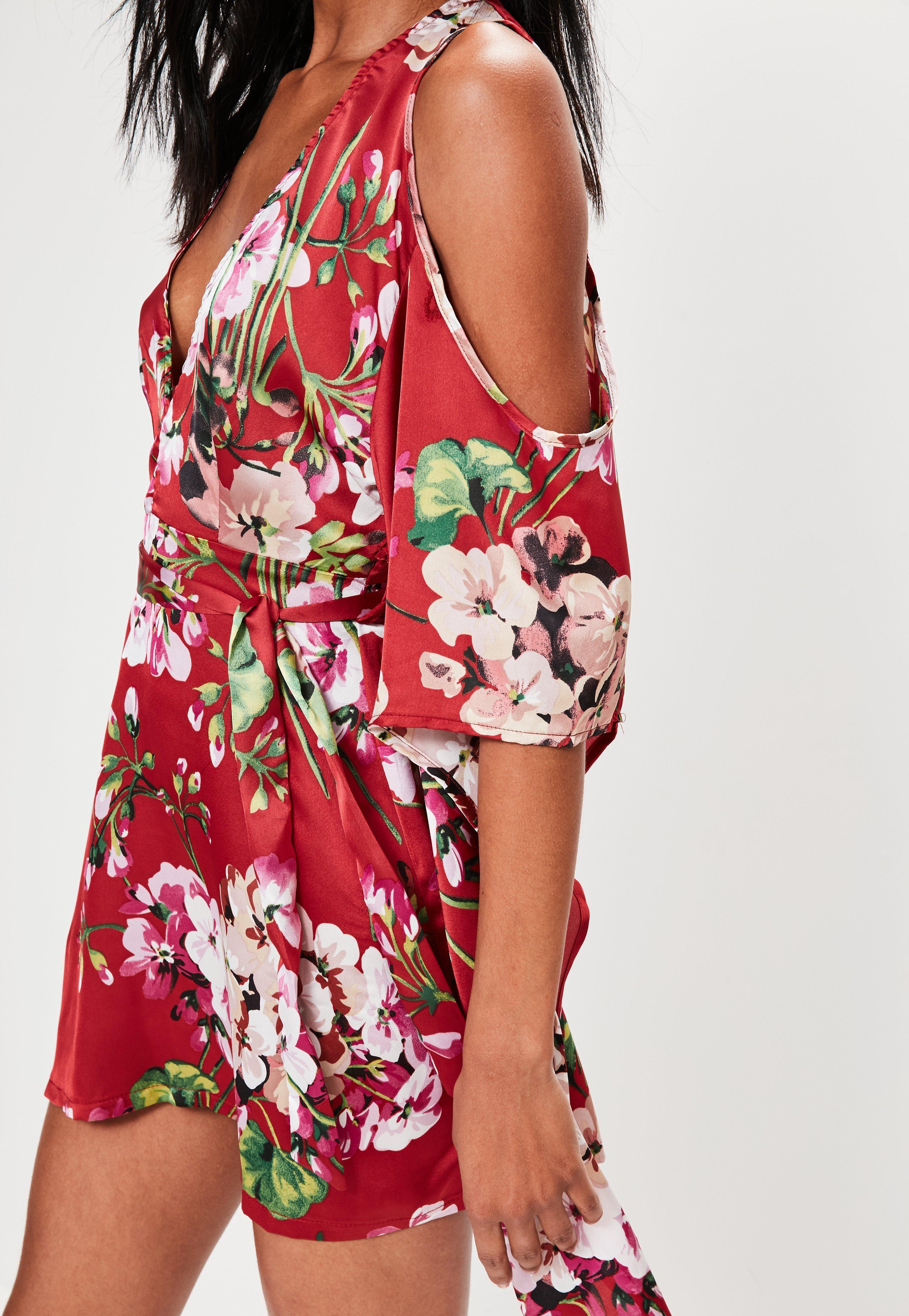 Lyst - Missguided Red Silky Floral Cold Shoulder Kimono Sleeve Shift Dress in Red