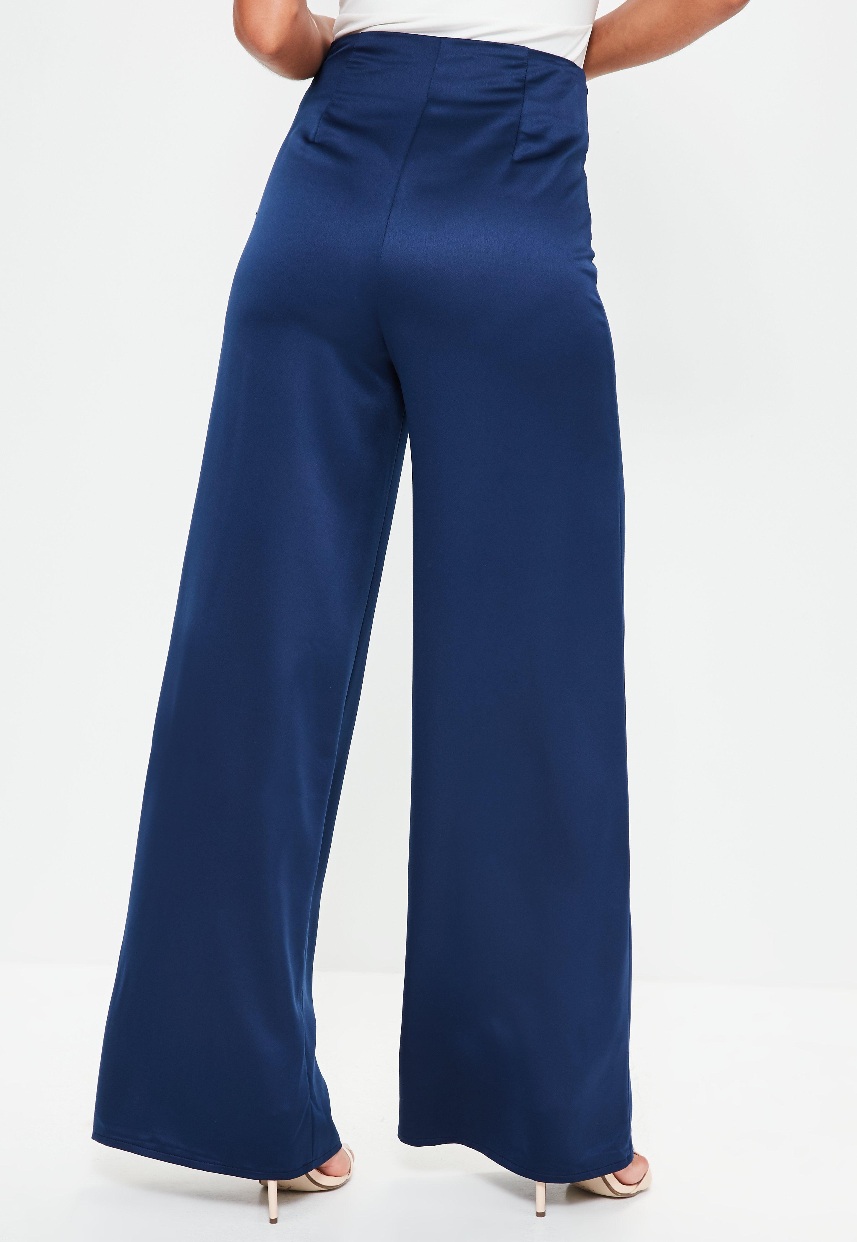 Lyst - Missguided Navy Knot Detail Satin Wide Leg Pants in Blue