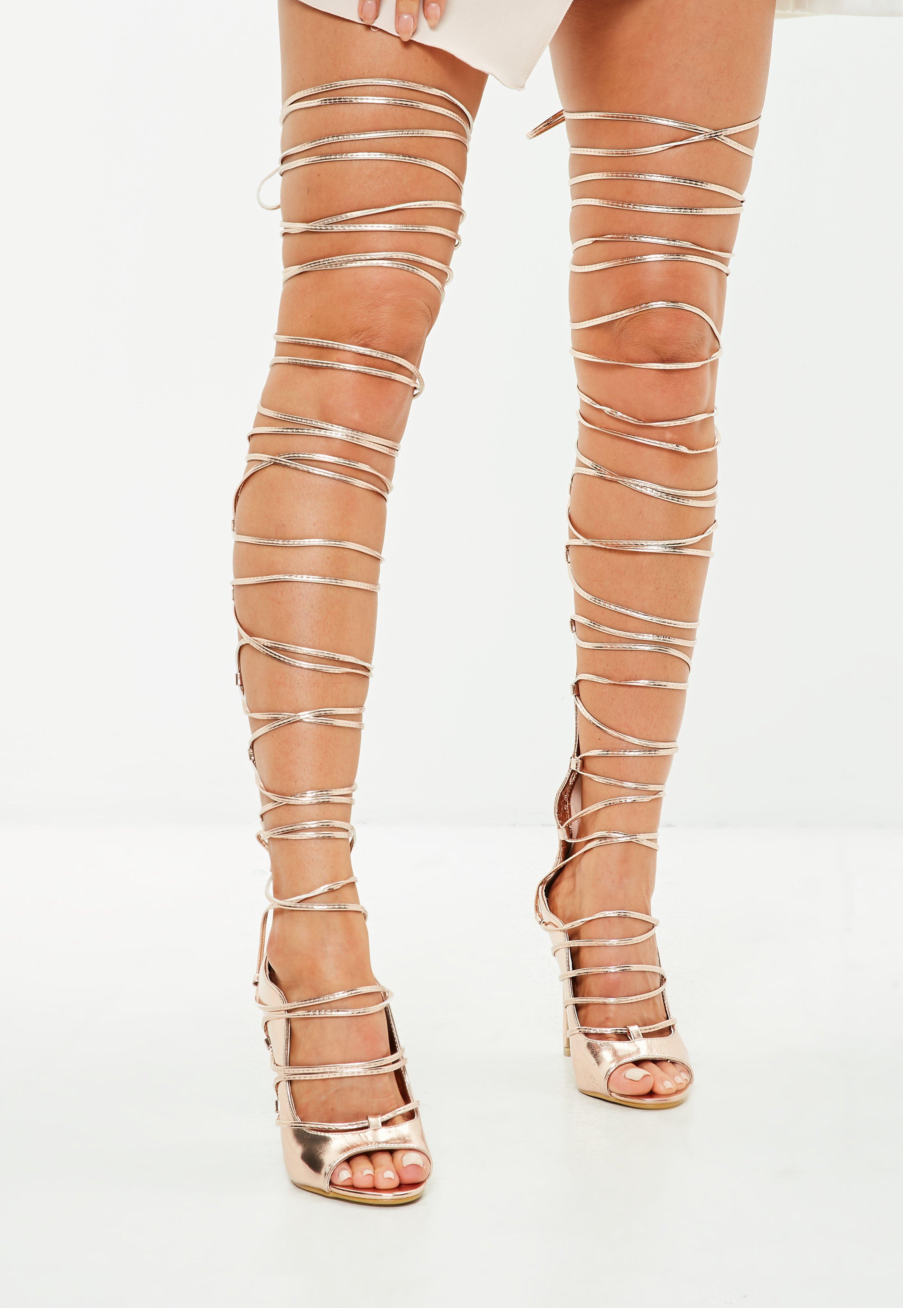 Lyst - Missguided Rose Gold Knee High Gladiator Heeled Sandals in Pink