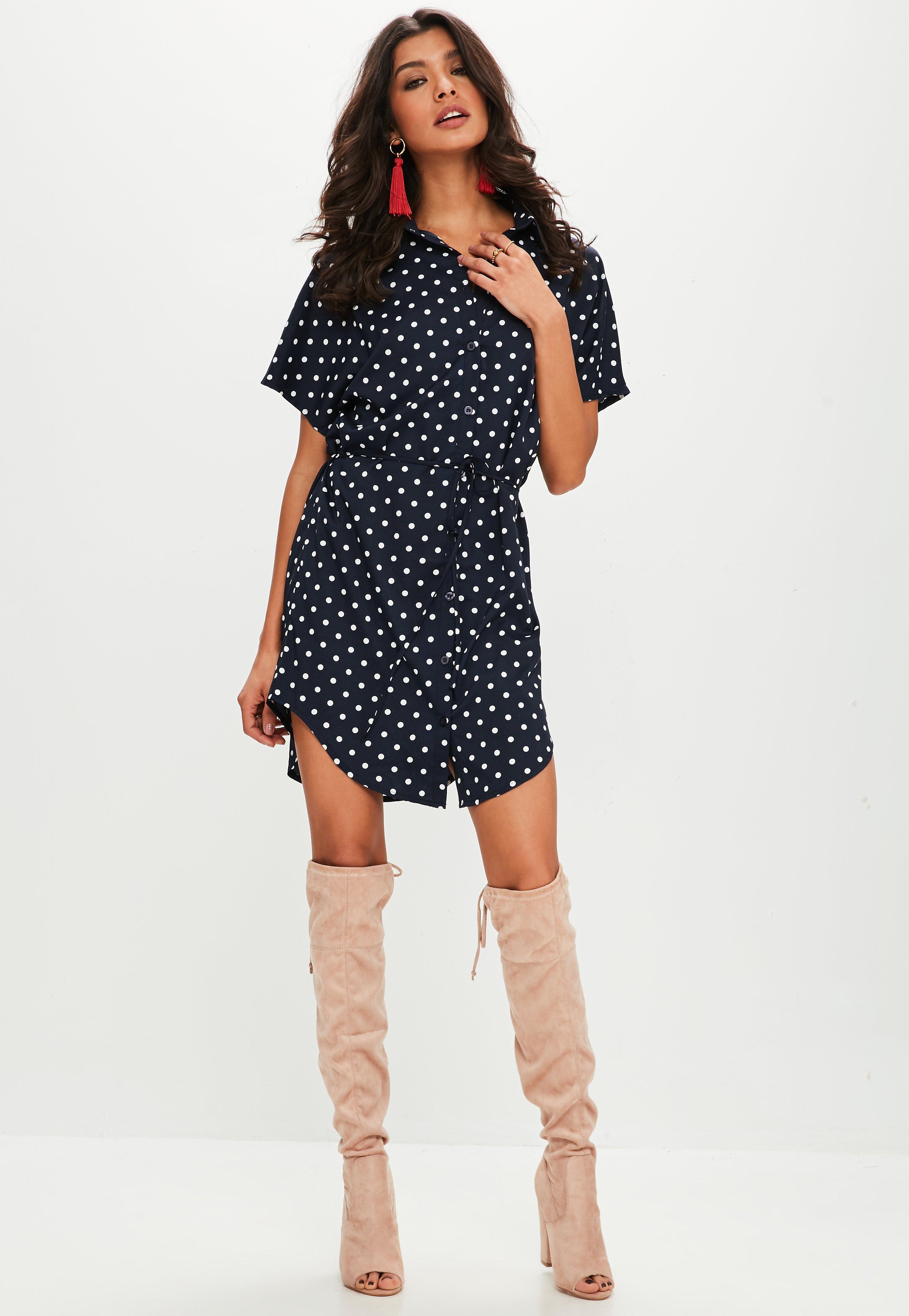 navy polka dot shirt dress