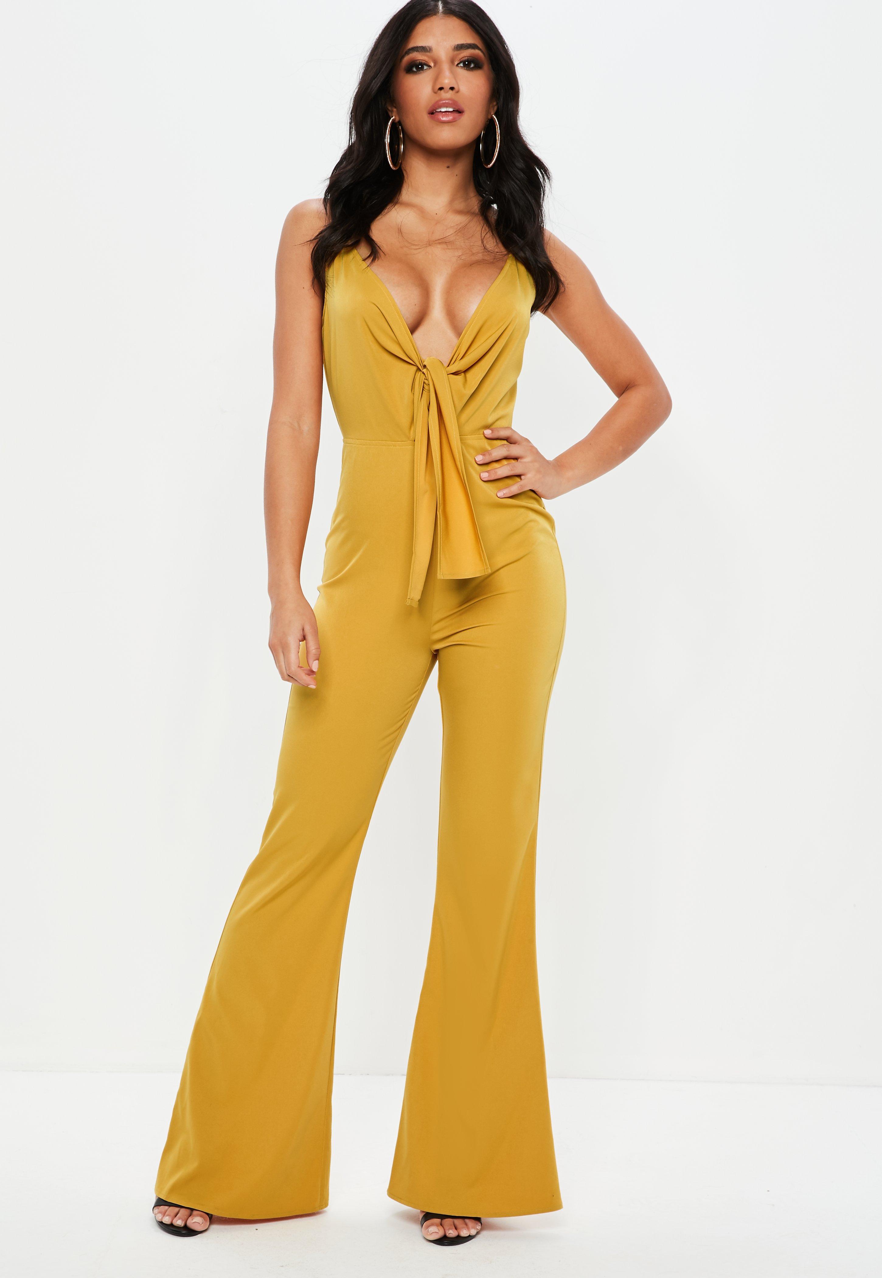 Missguided Synthetic Yellow Tie Front Jumpsuit - Lyst