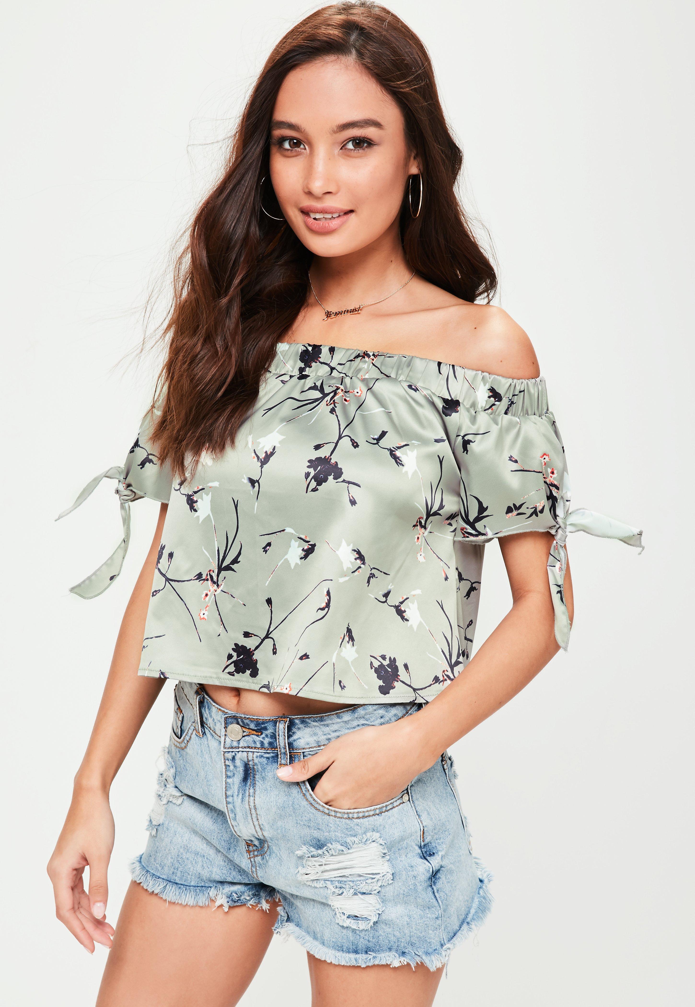 Lyst - Missguided Petite Grey Satin Floral Bardot Top in Gray