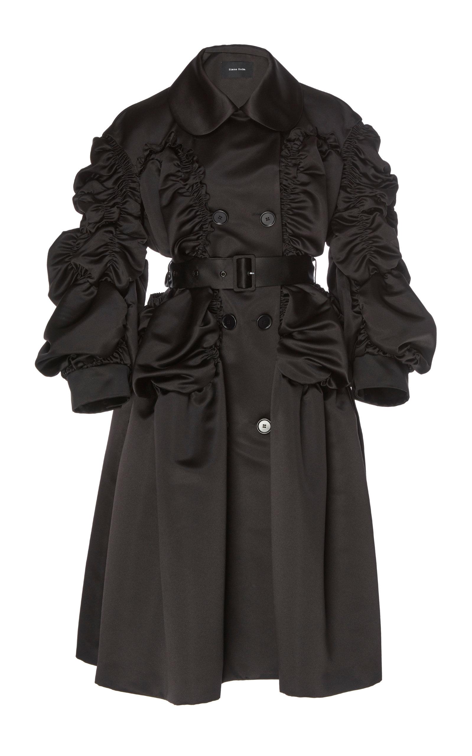 Simone Rocha Belted Ruched Longline Satin Coat in Black - Lyst
