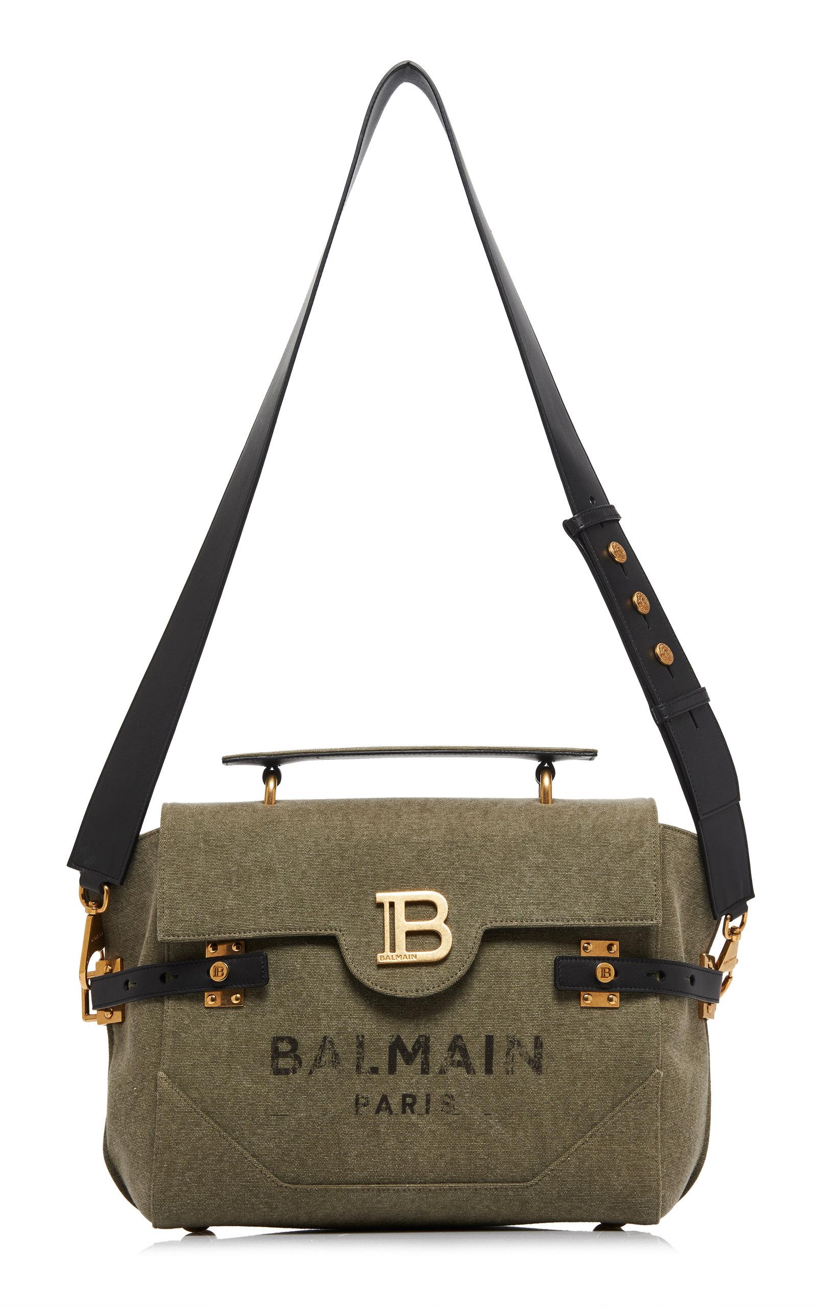 Balmain B-buzz 30 Logo Embossed Washed Canvas Top Handle Bag In Green ...