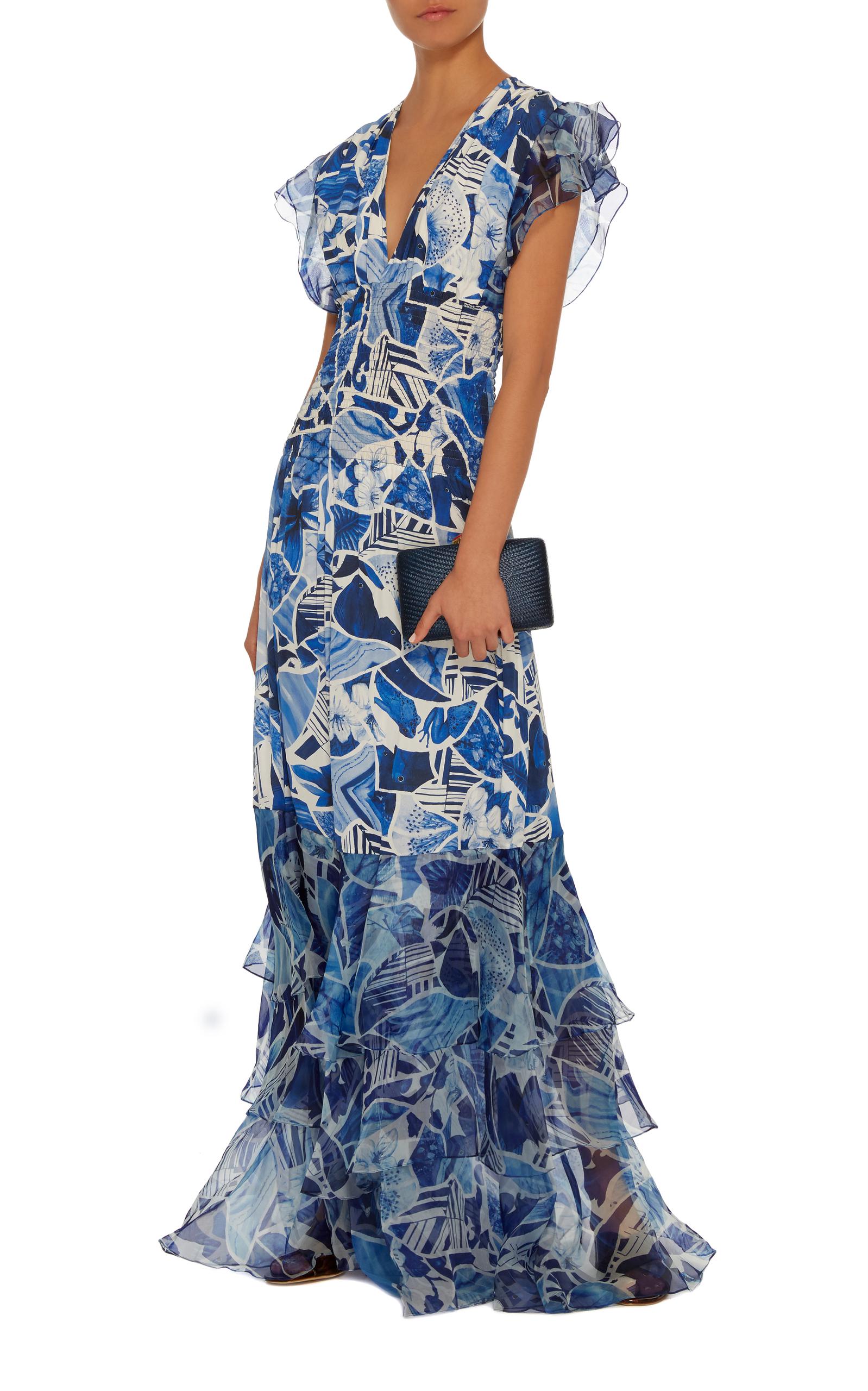 Lyst Isolda Pri Cinch Waist Ruffle Maxi Dress in Blue
