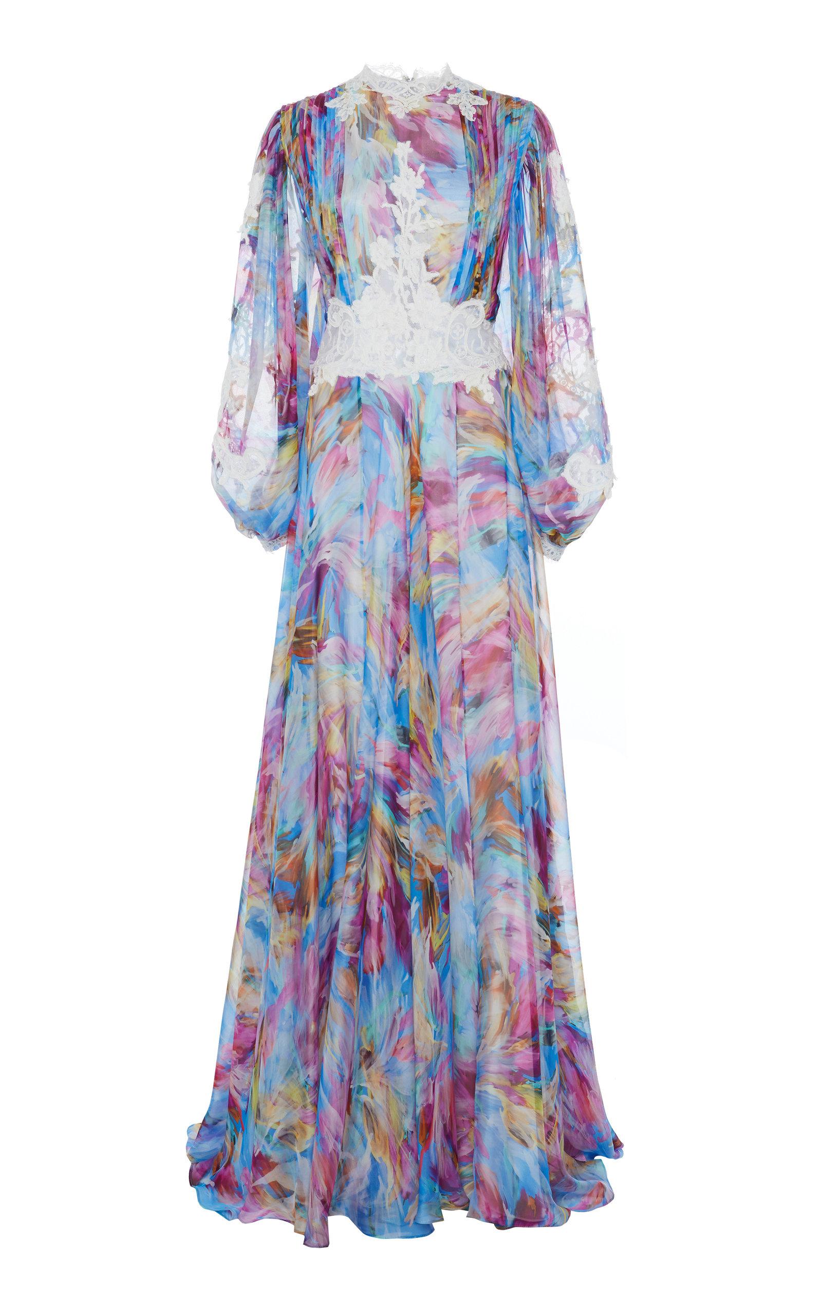 Lyst - Costarellos Bishop Sleeve Printed Silk Gown in Blue