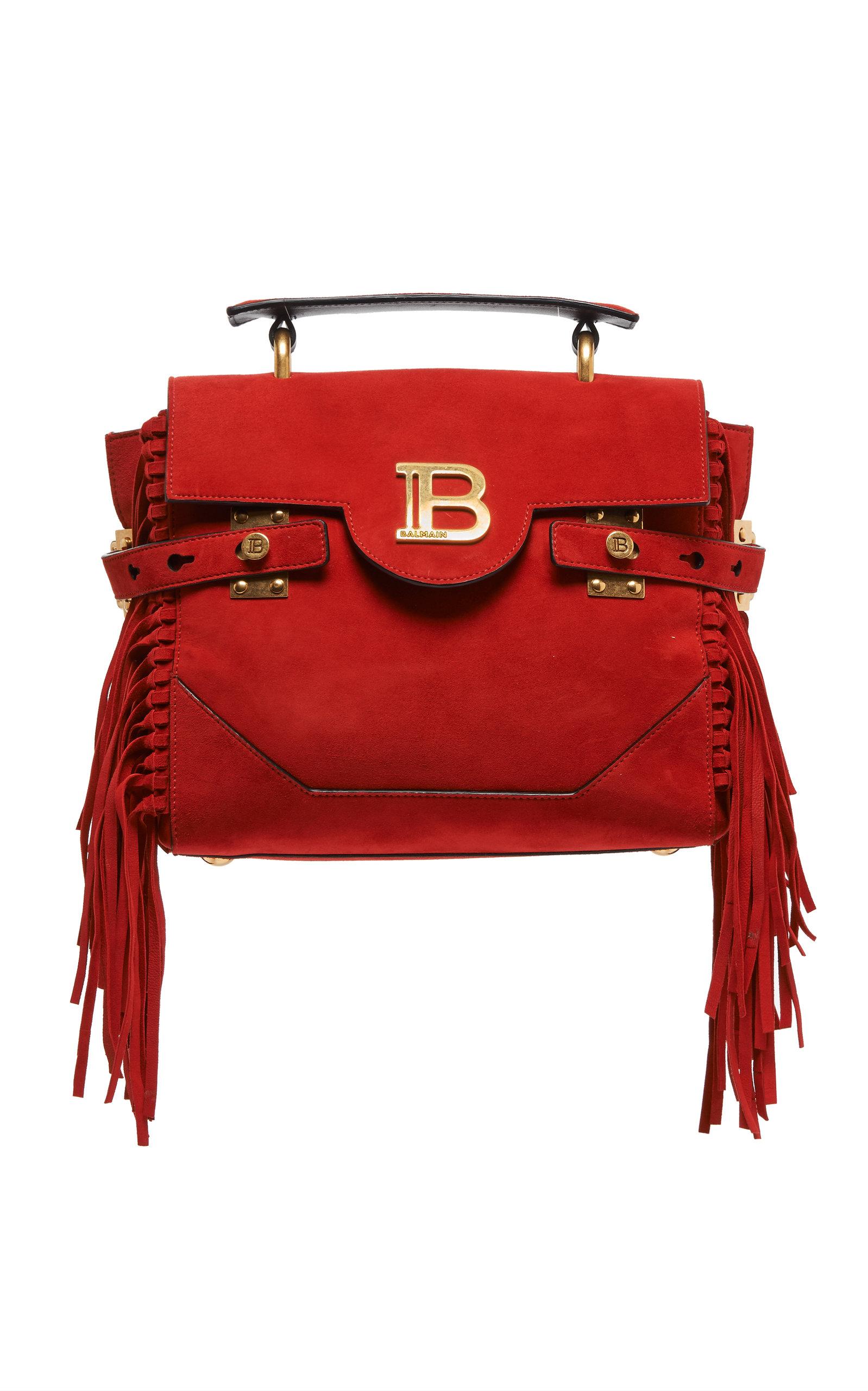 Balmain Bbuzz 23 Fringetrimmed Suede Top Handle Bag in Red Lyst
