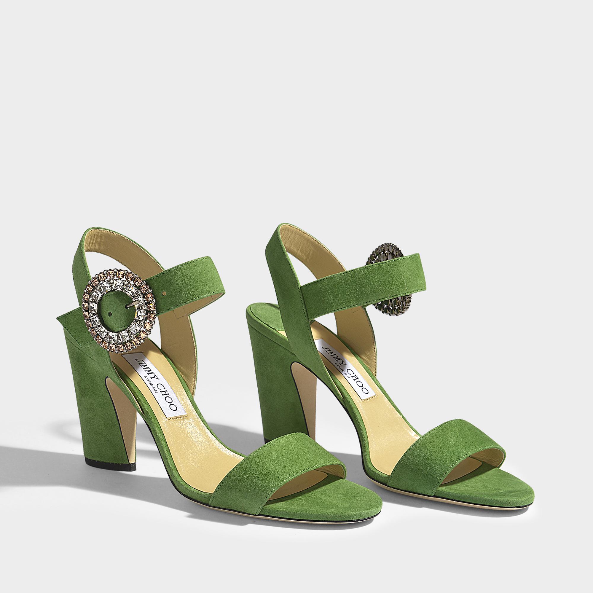 Lyst Jimmy Choo Mischa 85 Sandals In Green Suede Leather With Crystal