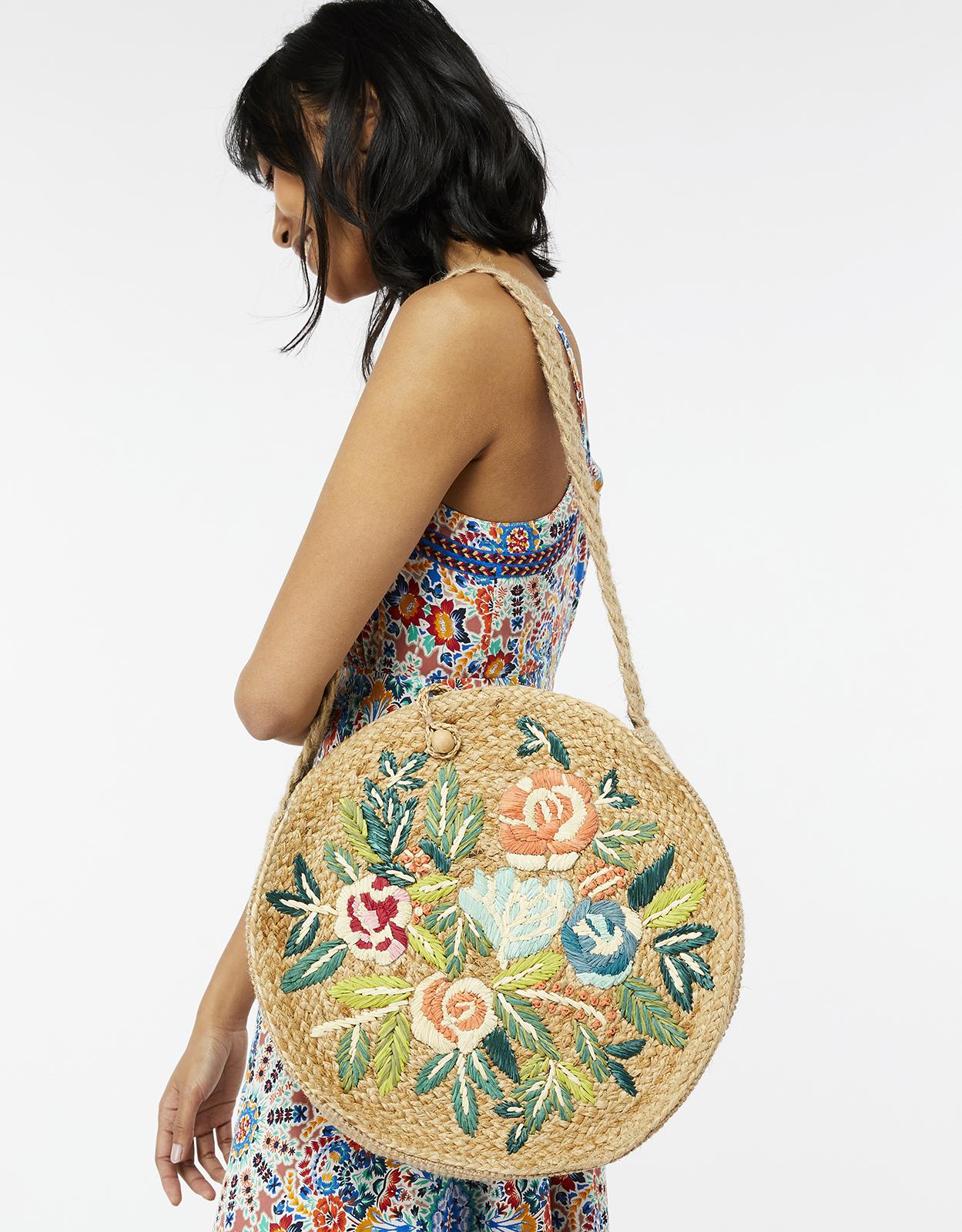 Monsoon Fianna Fl Embroidered Round Straw Bag In Natural