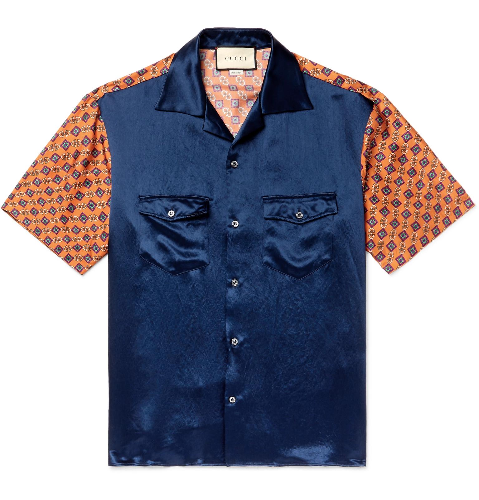 Gucci Bi-material Printed Bowling Shirt in Blue for Men - Lyst