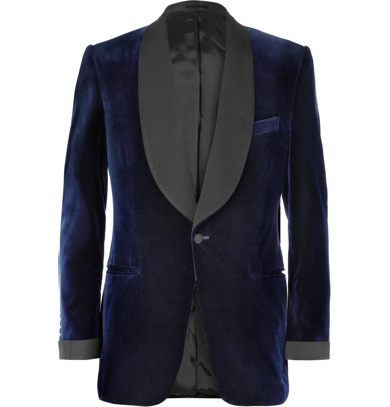 Kingsman Blue Velvet Smoking Jacket With Silk-Grosgrain Shawl-Collar ...