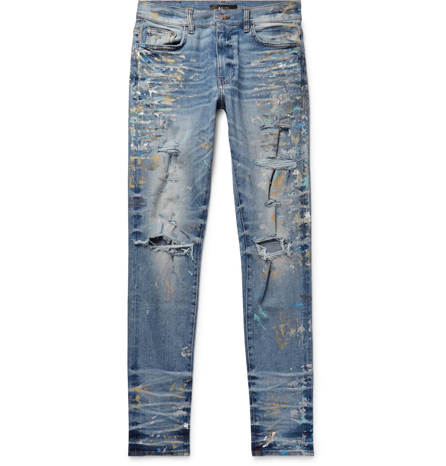 Amiri Skinny-fit Distressed Paint-splattered Stretch-denim Jeans in ...