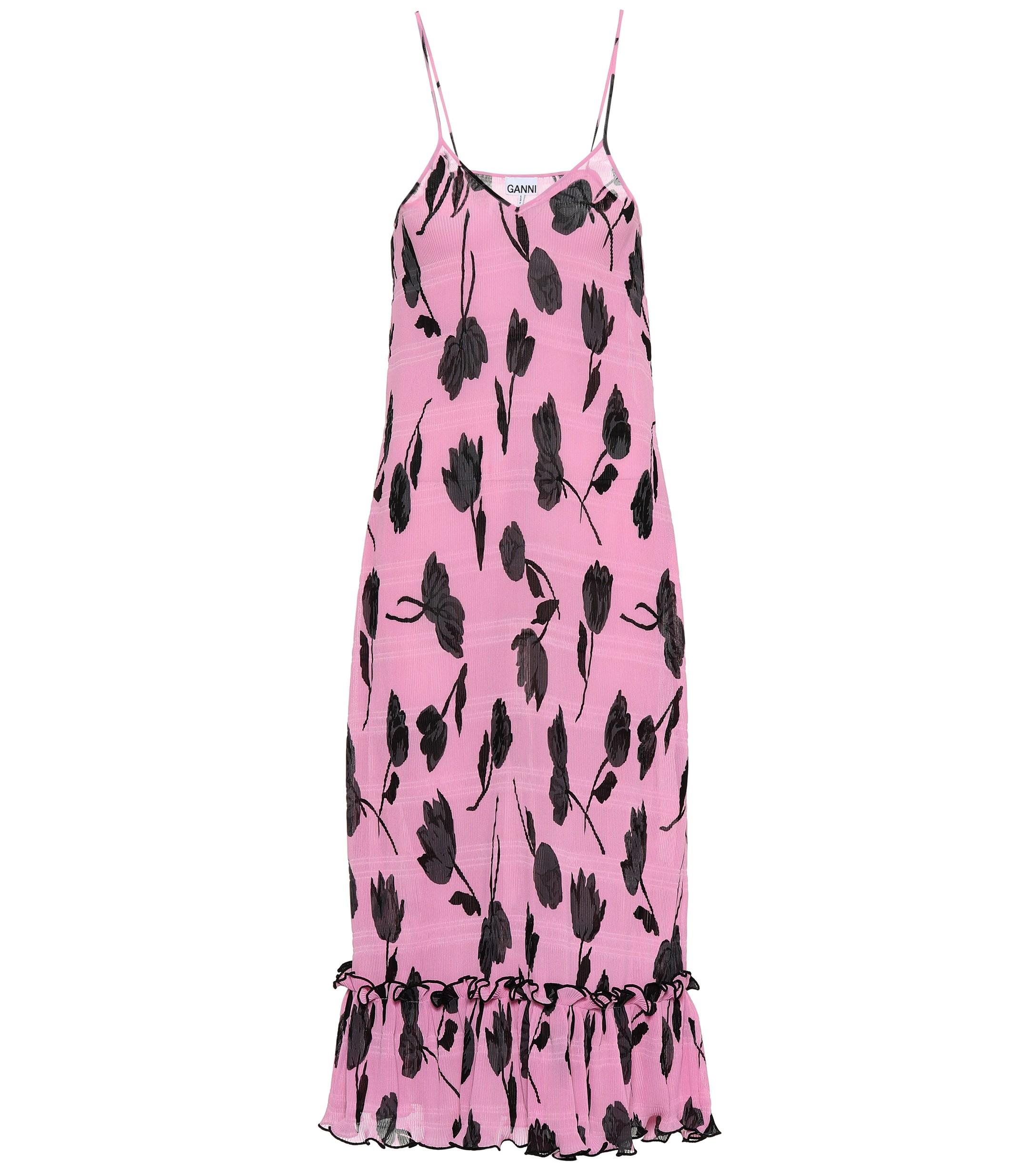 ganni pleated satin dress pink
