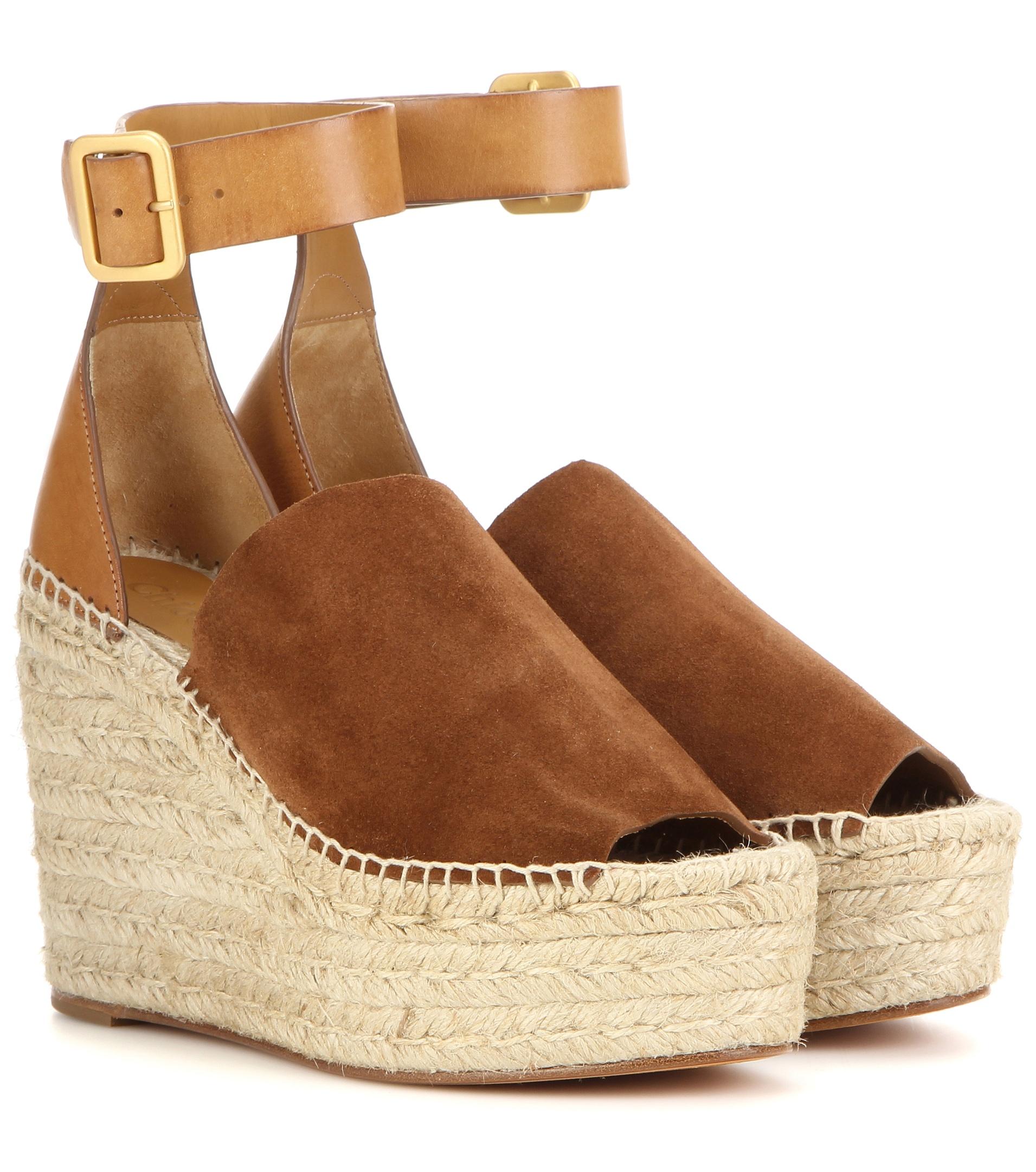 Chloé Suede And Leather Wedge Espadrilles in Brown | Lyst