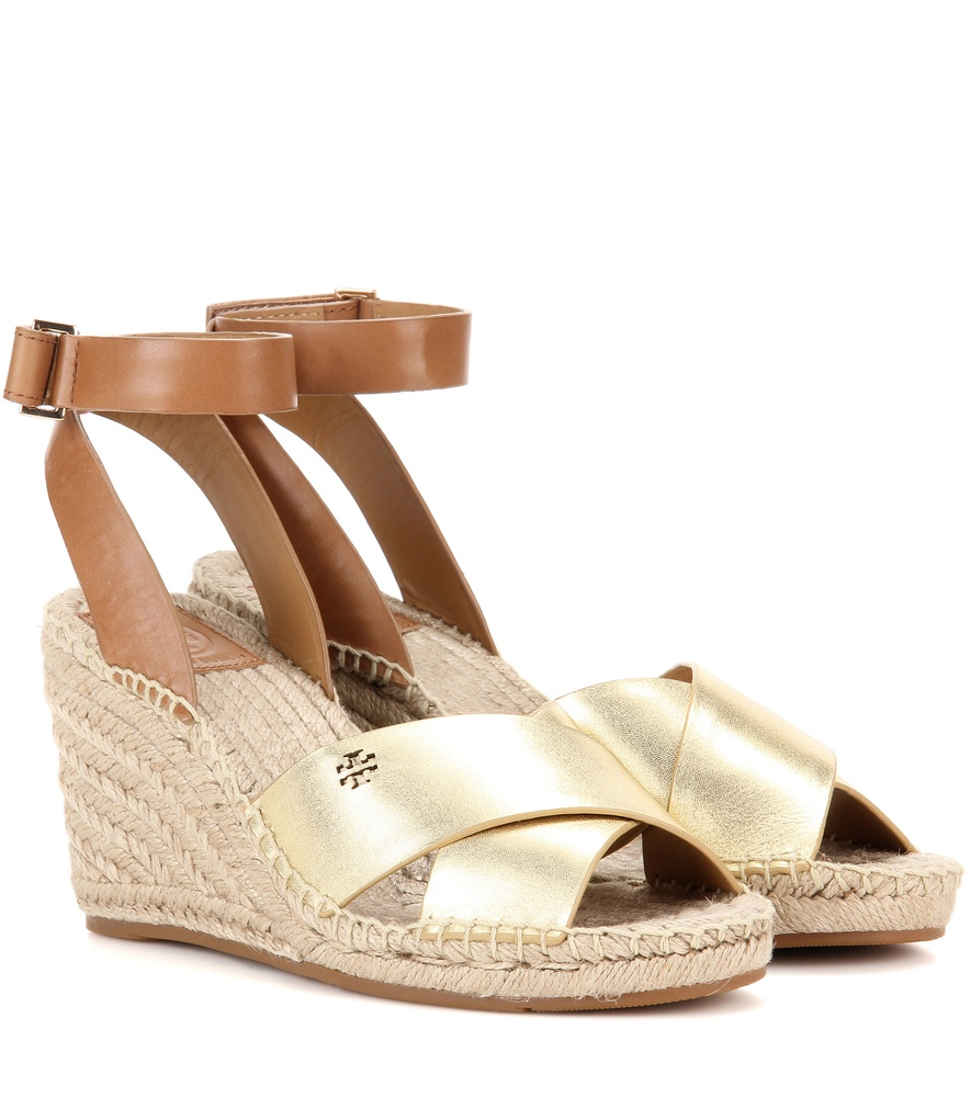 Tory burch Bima Metallic Leather Wedge Espadrille Sandals in Beige ...