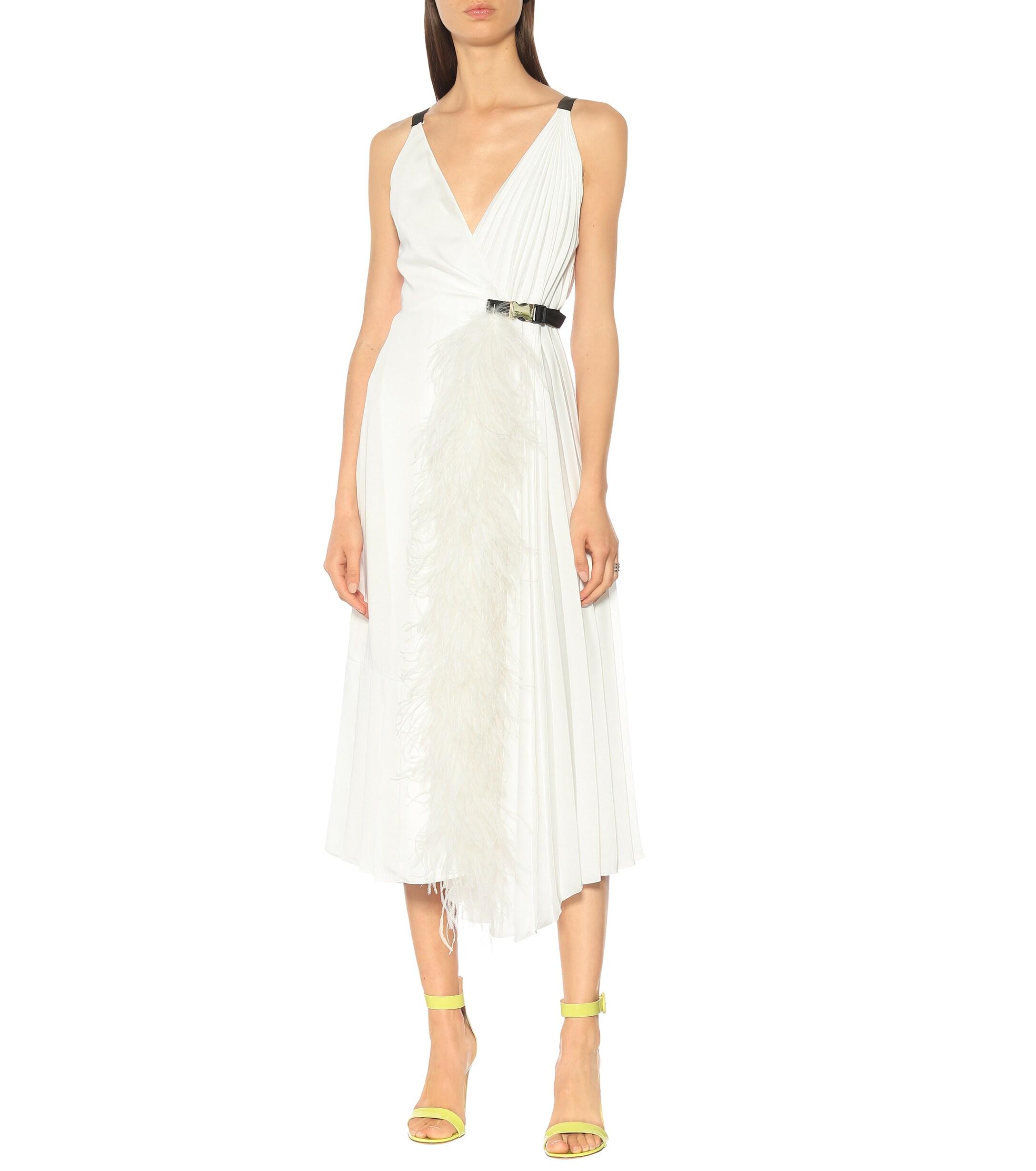 Prada Feather-trimmed Silk-twill Dress in White - Lyst