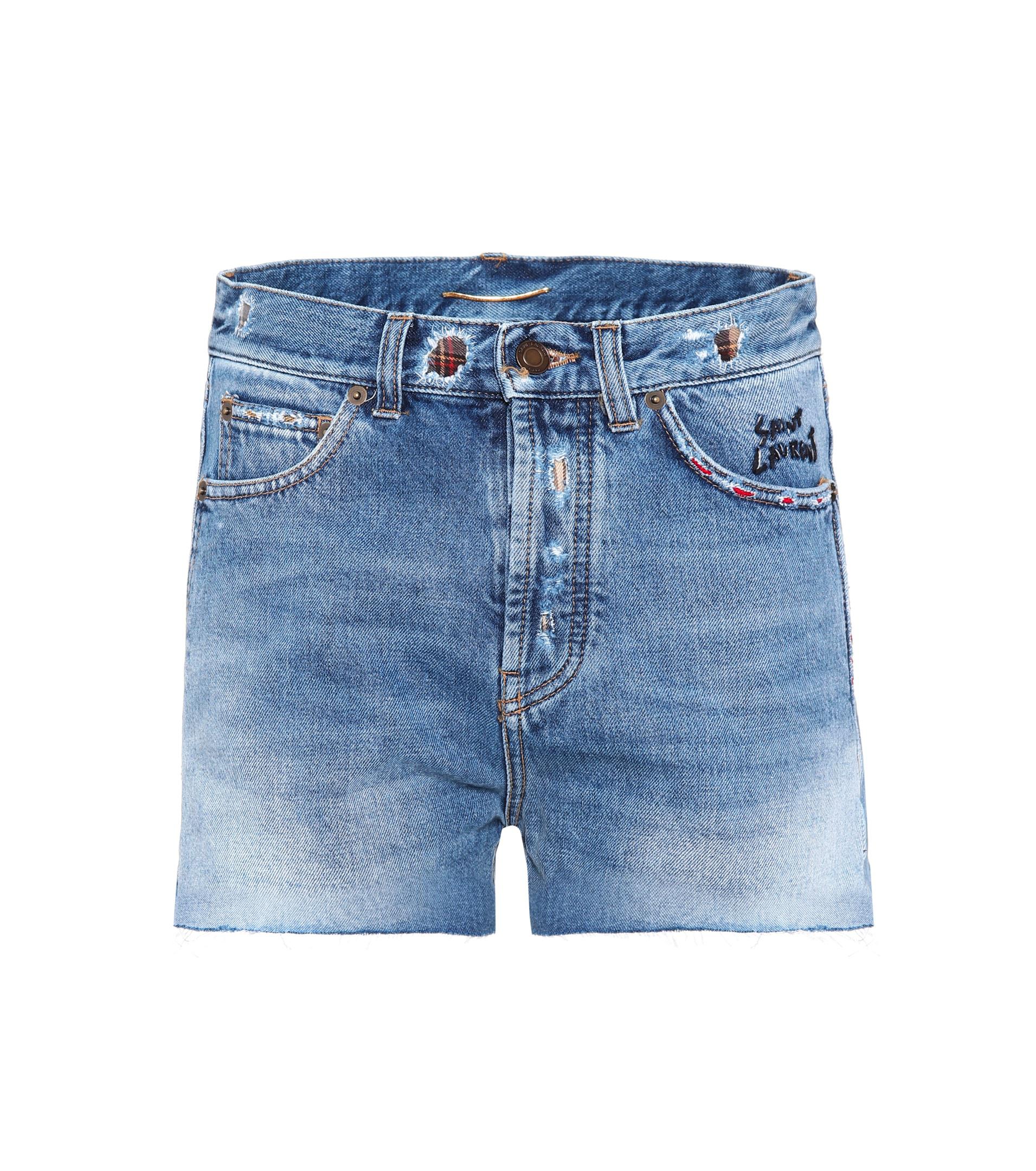 Lyst - Saint Laurent Embroidered Denim Shorts in Blue