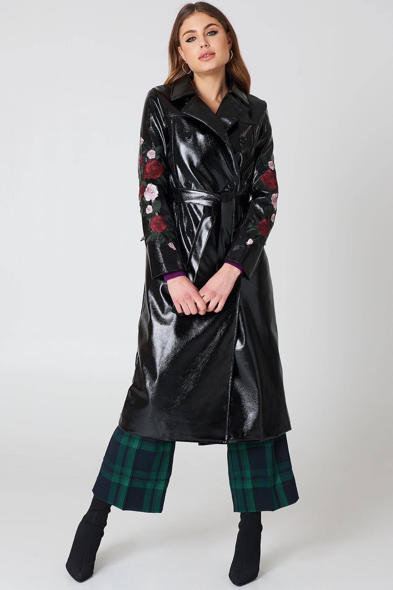 Lyst - Na-Kd Flower Embroidery Patent Coat in Black