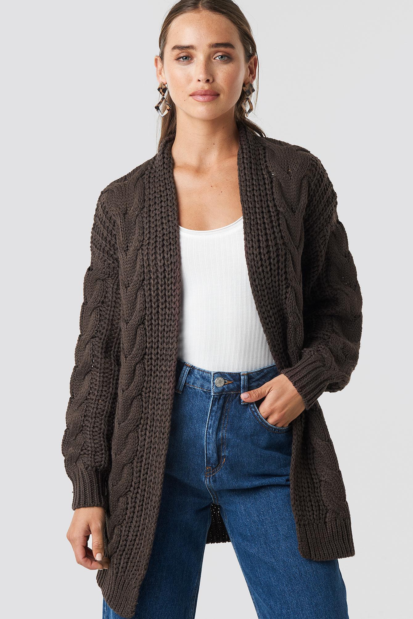 NA KD Chunky Cable Knit  Long Cardigan  Brown in Brown Lyst