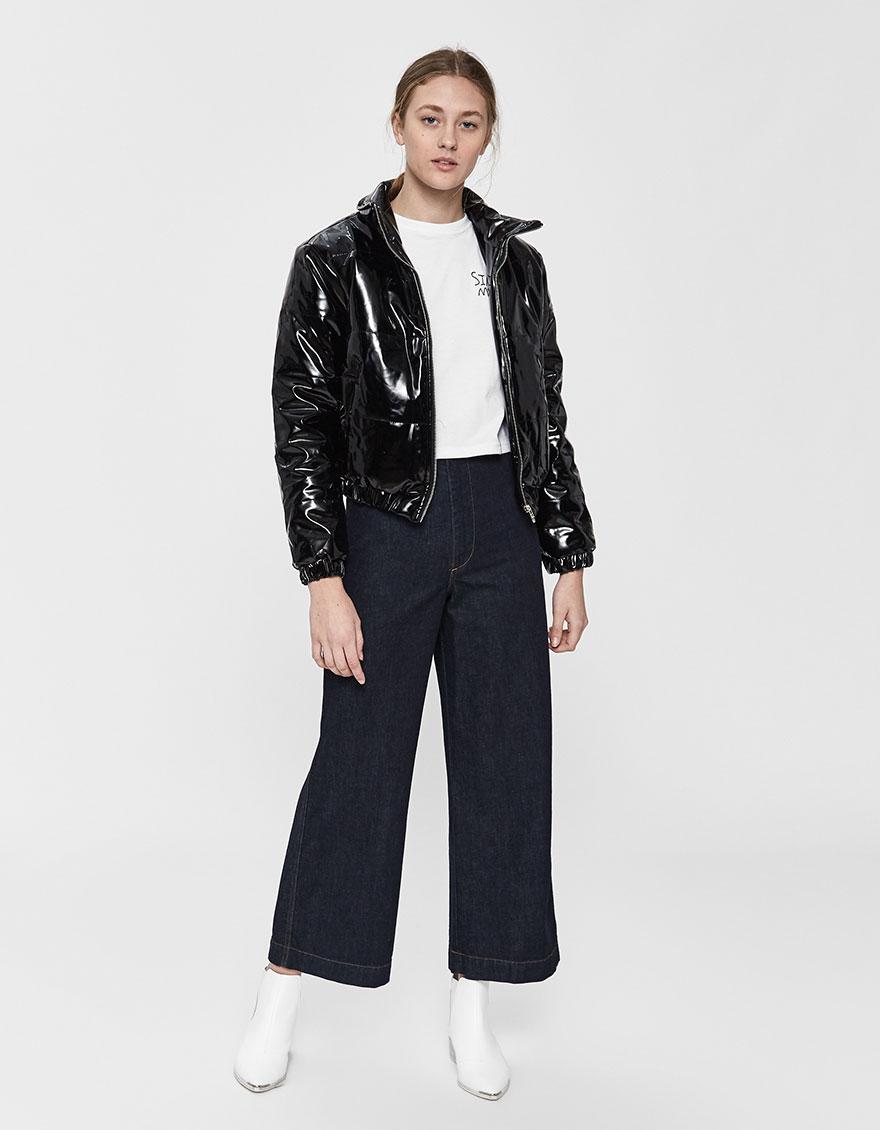 Patent leather puffer jacket