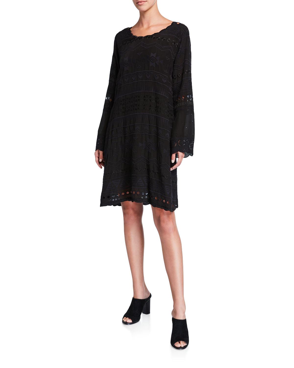 Johnny Was Avery Embroidered Scoop-neck Long-sleeve Dress in Black - Lyst