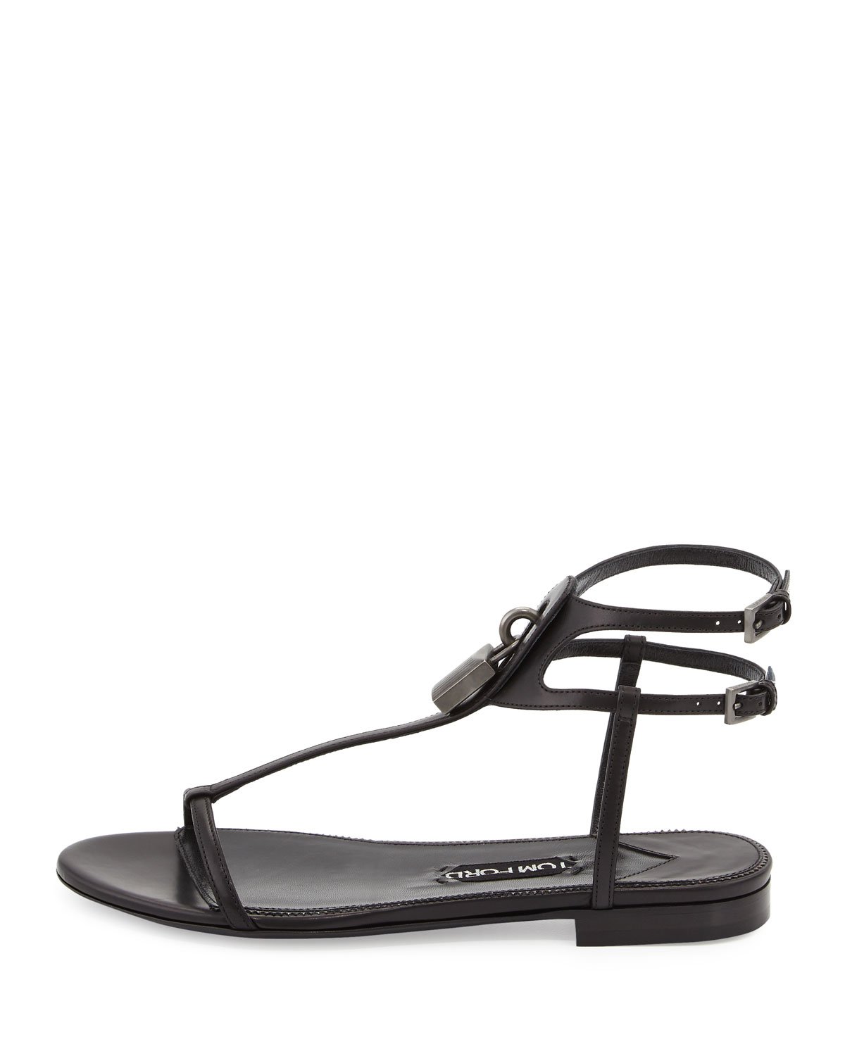 Lyst - Tom Ford Leather Lock T-Strap Flat Sandals in Black