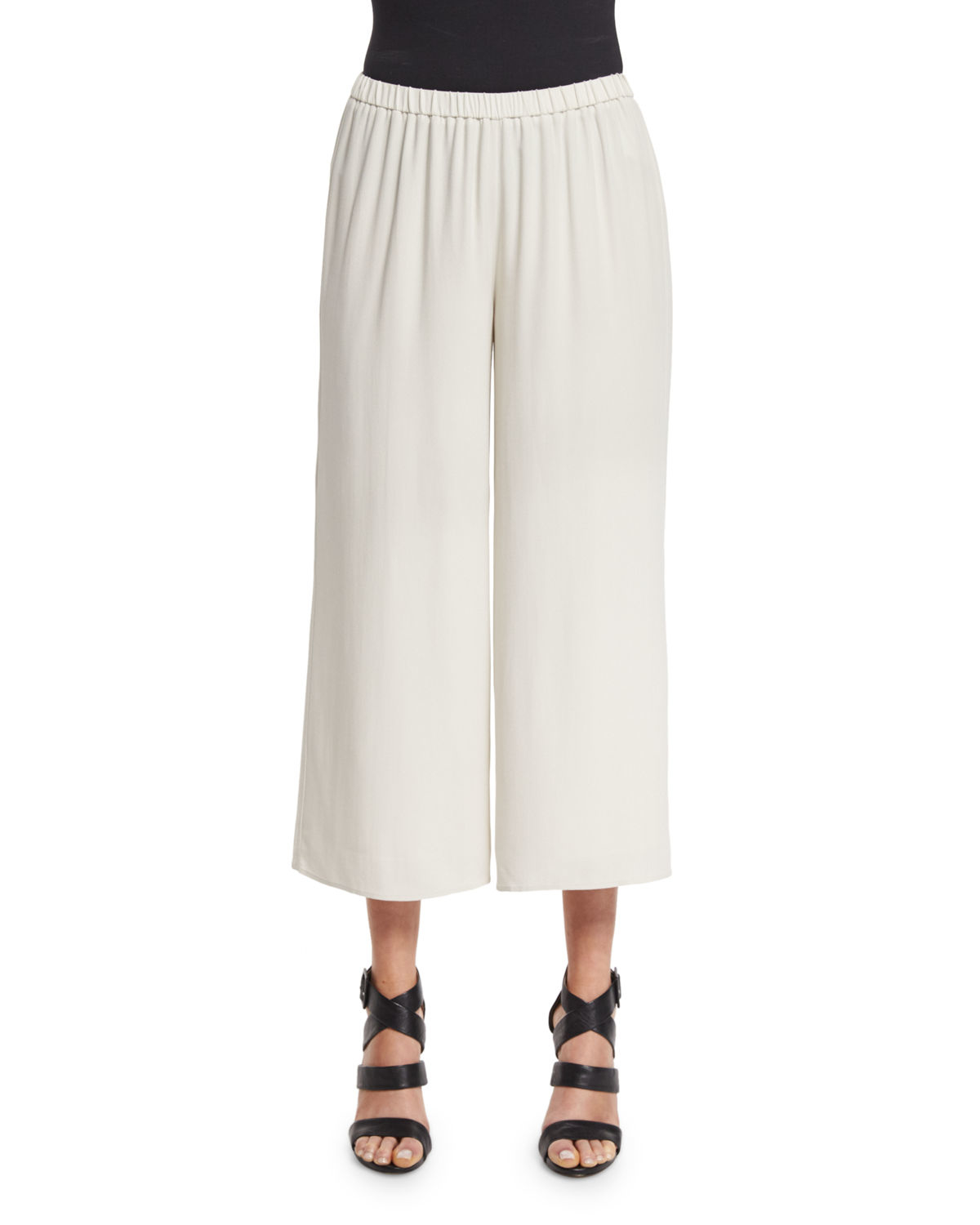 Eileen Fisher Wide-leg Silk Georgette Cropped Pants in White - Lyst
