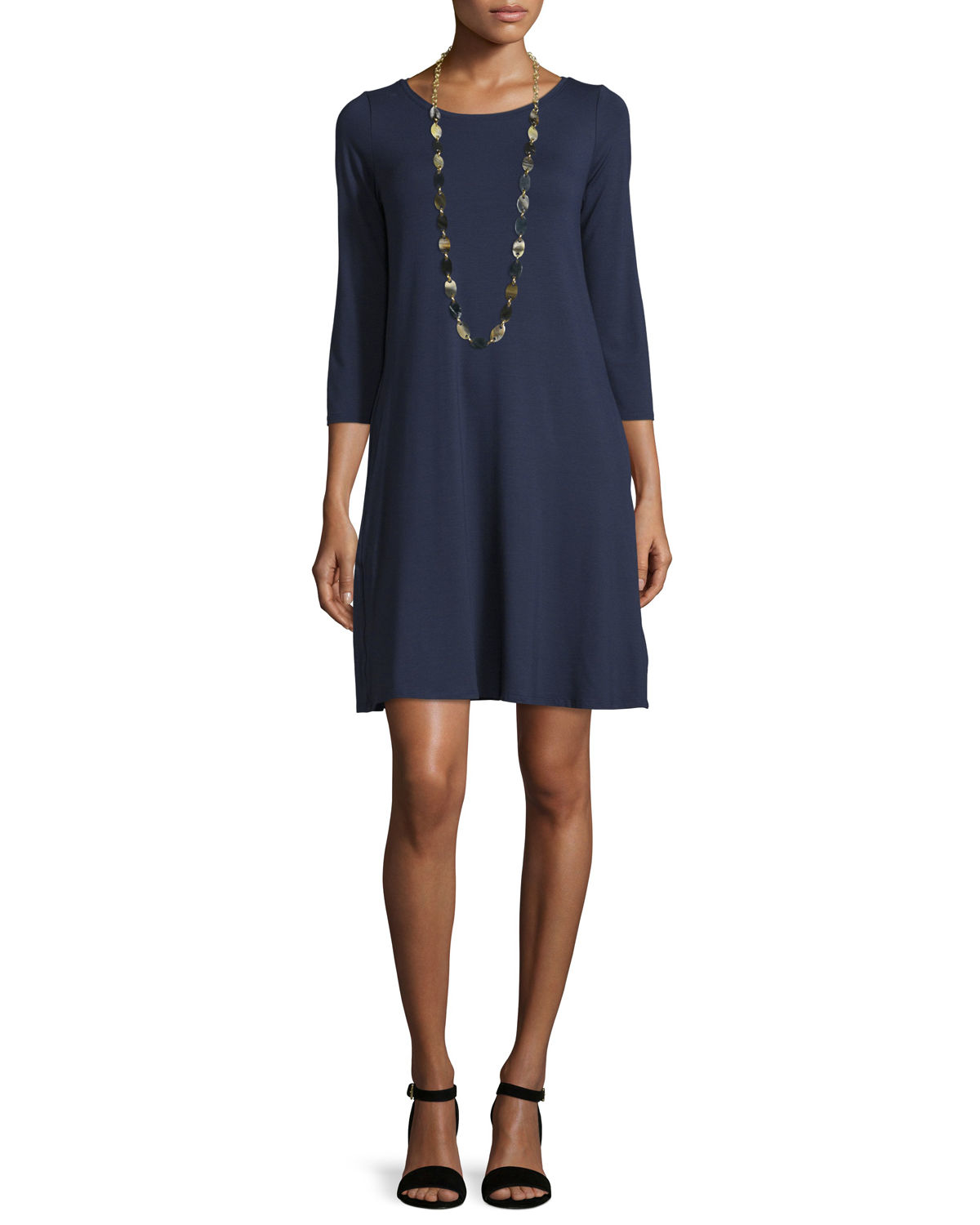 Eileen fisher 3/4-sleeve Lightweight Jersey A-line Dress in Blue | Lyst
