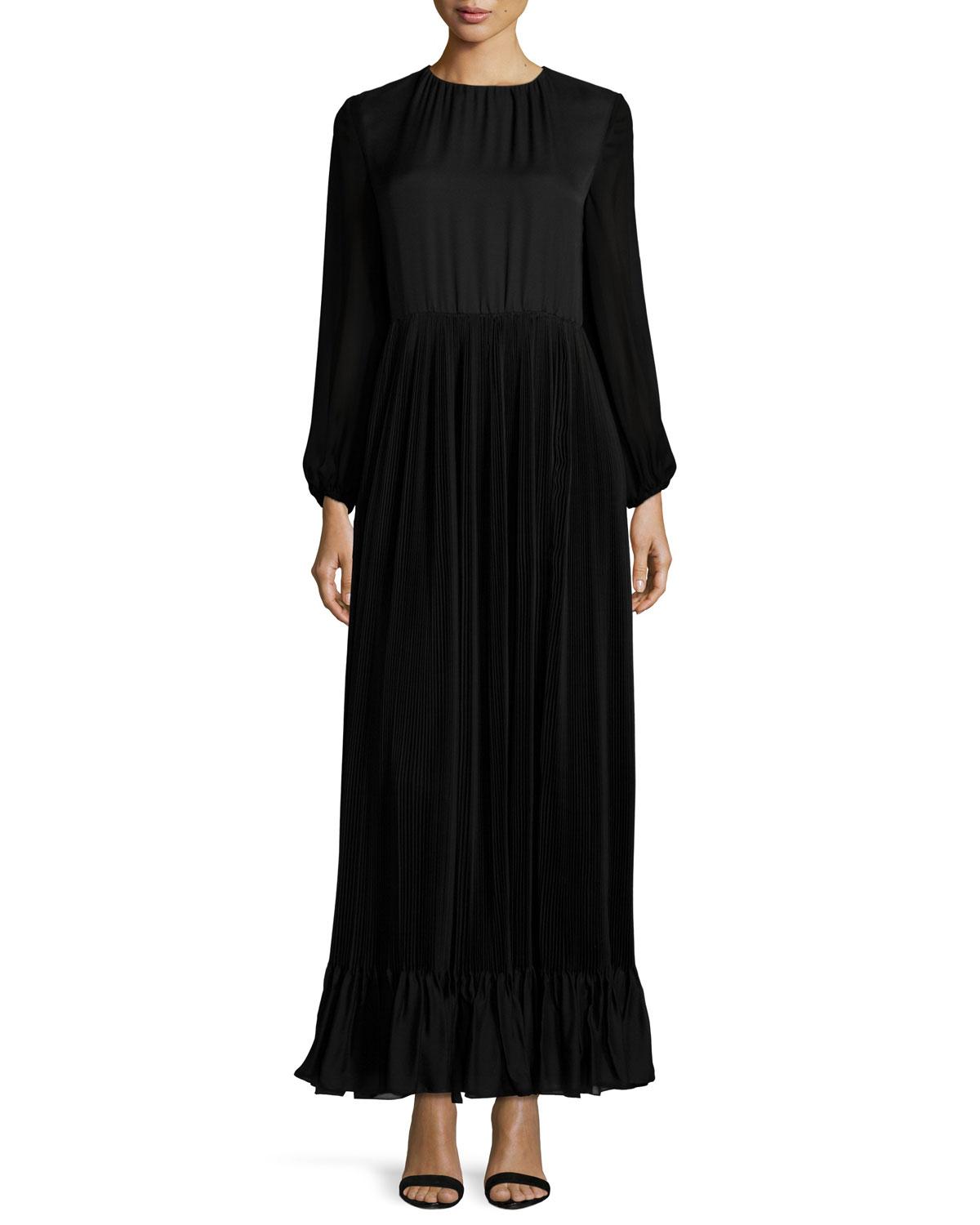 Adam lippes Long-sleeve Pleated Chiffon Gown in Black | Lyst