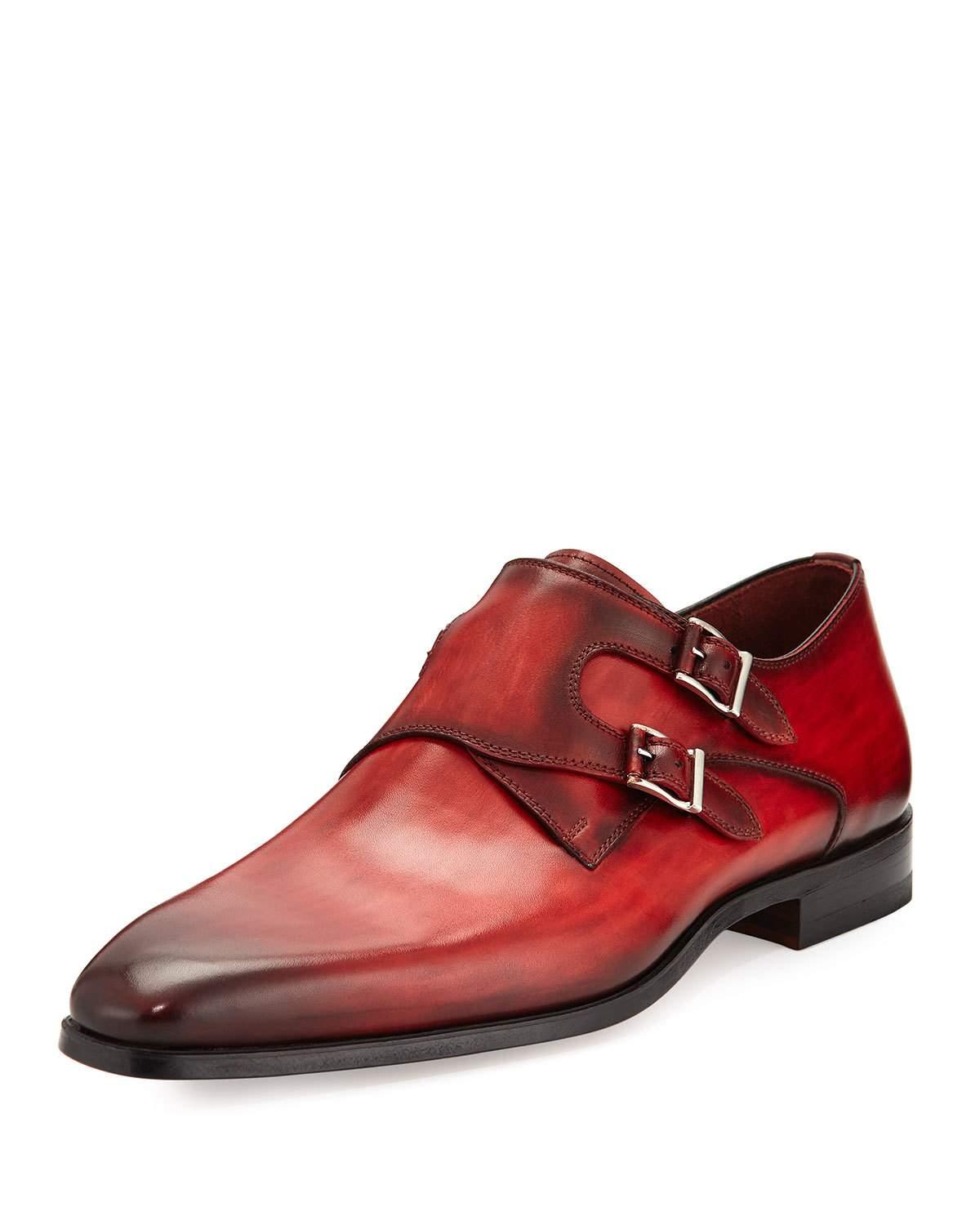 Neiman marcus Burnished Leather Double-monk Shoe in Red for Men | Lyst