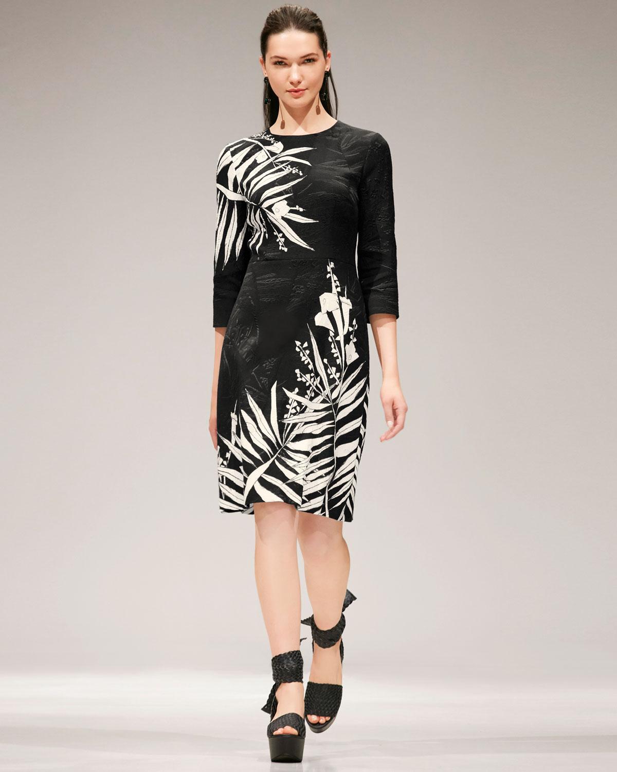 Escada Leaf Matelassé 3/4-sleeve A-line Dress in Black | Lyst