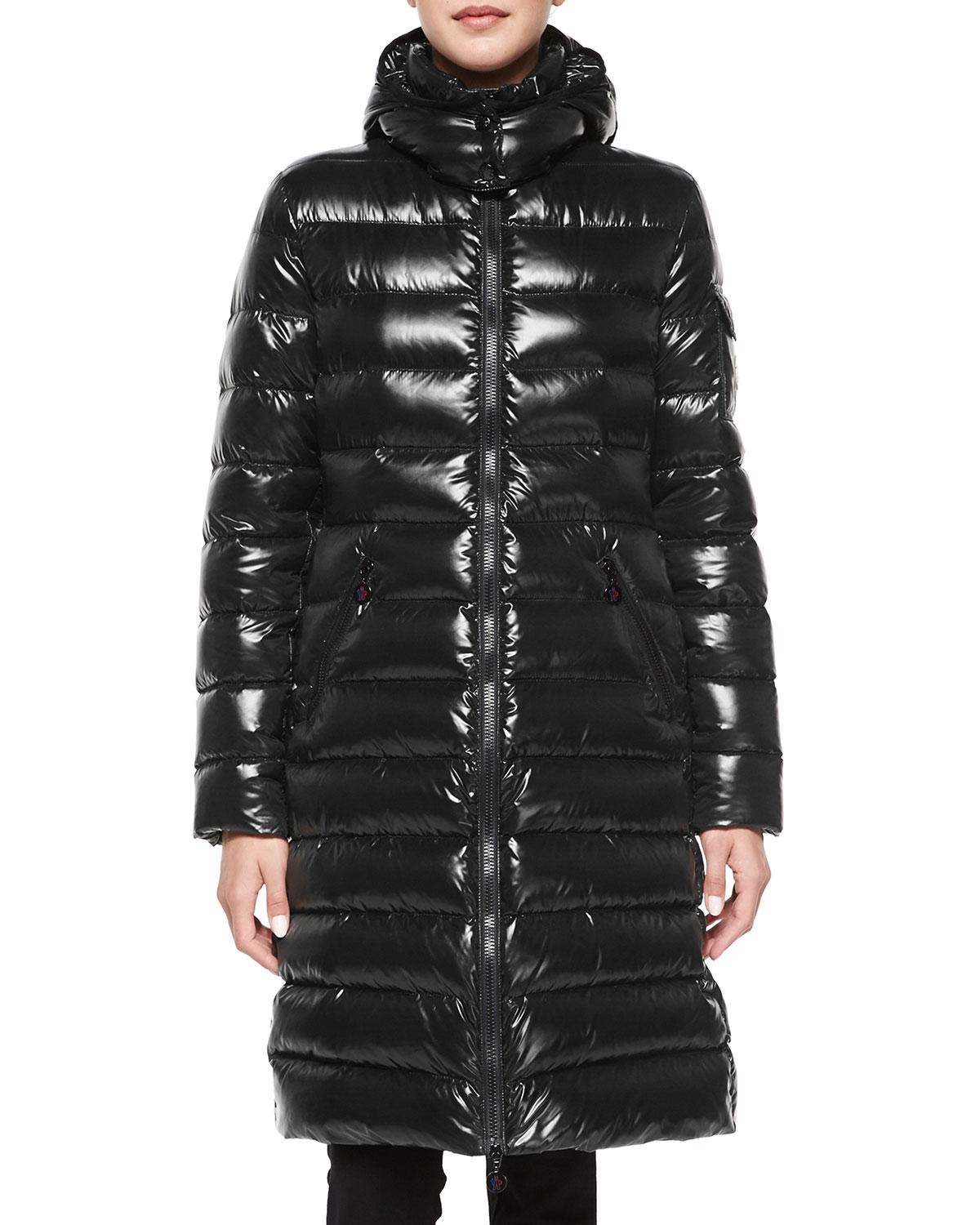 Lyst - Moncler Moka Shiny Fitted Puffer Coat With Hood in Black - Save ...
